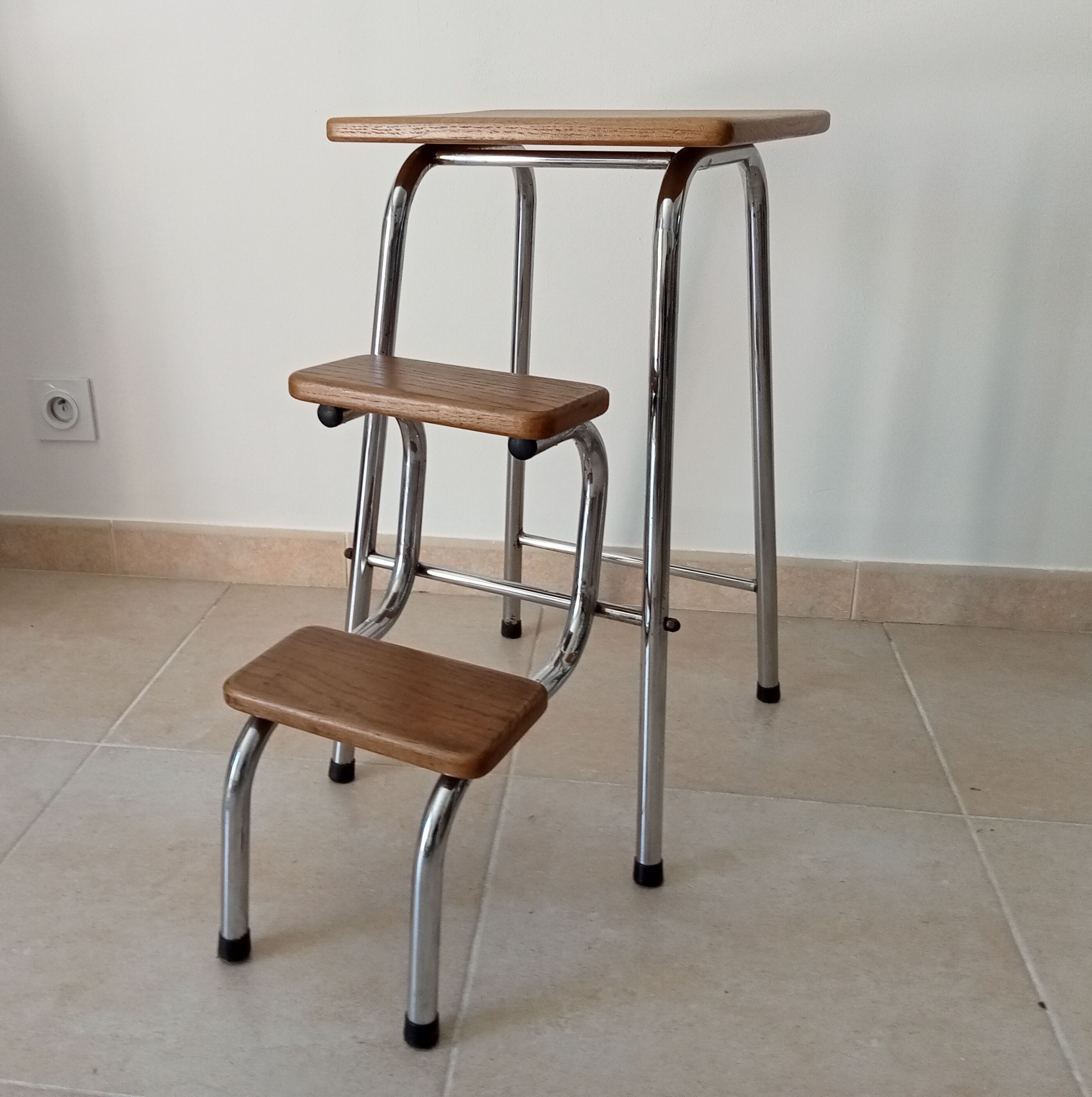 Stepladder stool vintage chrome and solid oak 60/70s