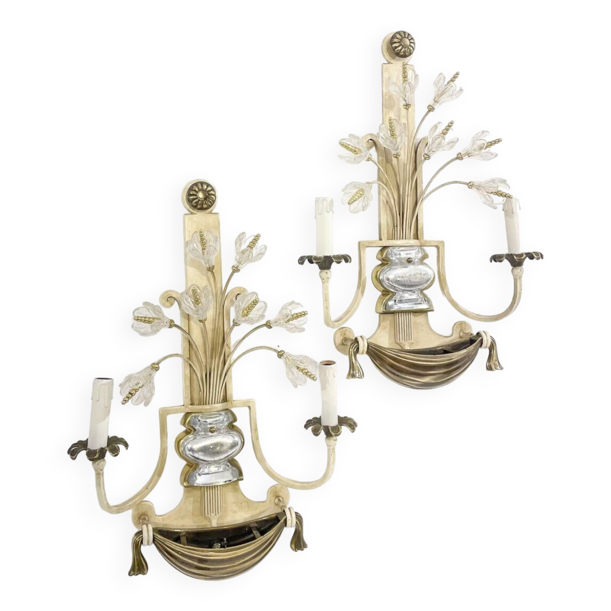 Pair of Silver Wrought Iron And Glass Wall Lights by Banci, Italy, 1940s