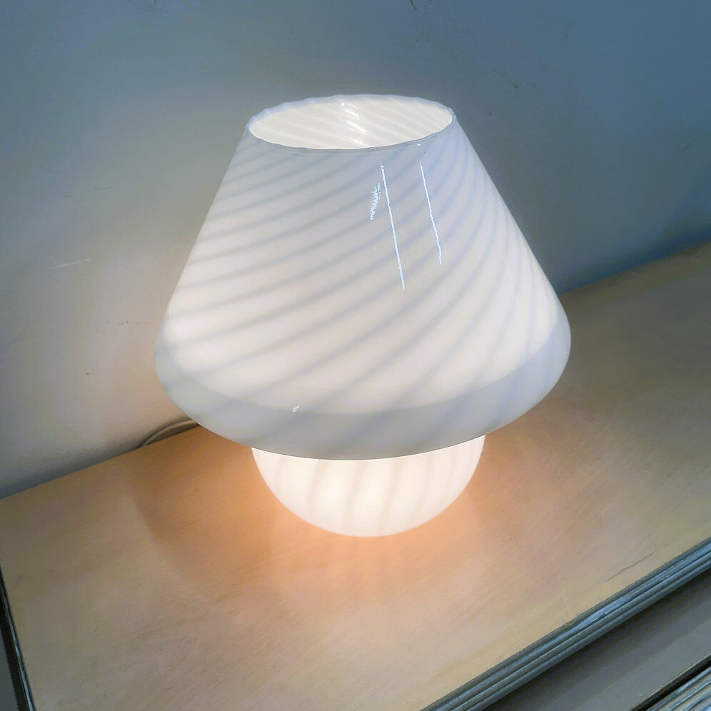 Vintage white swirl glass mushroom lamp – Italian style opaline table lamp. 1970