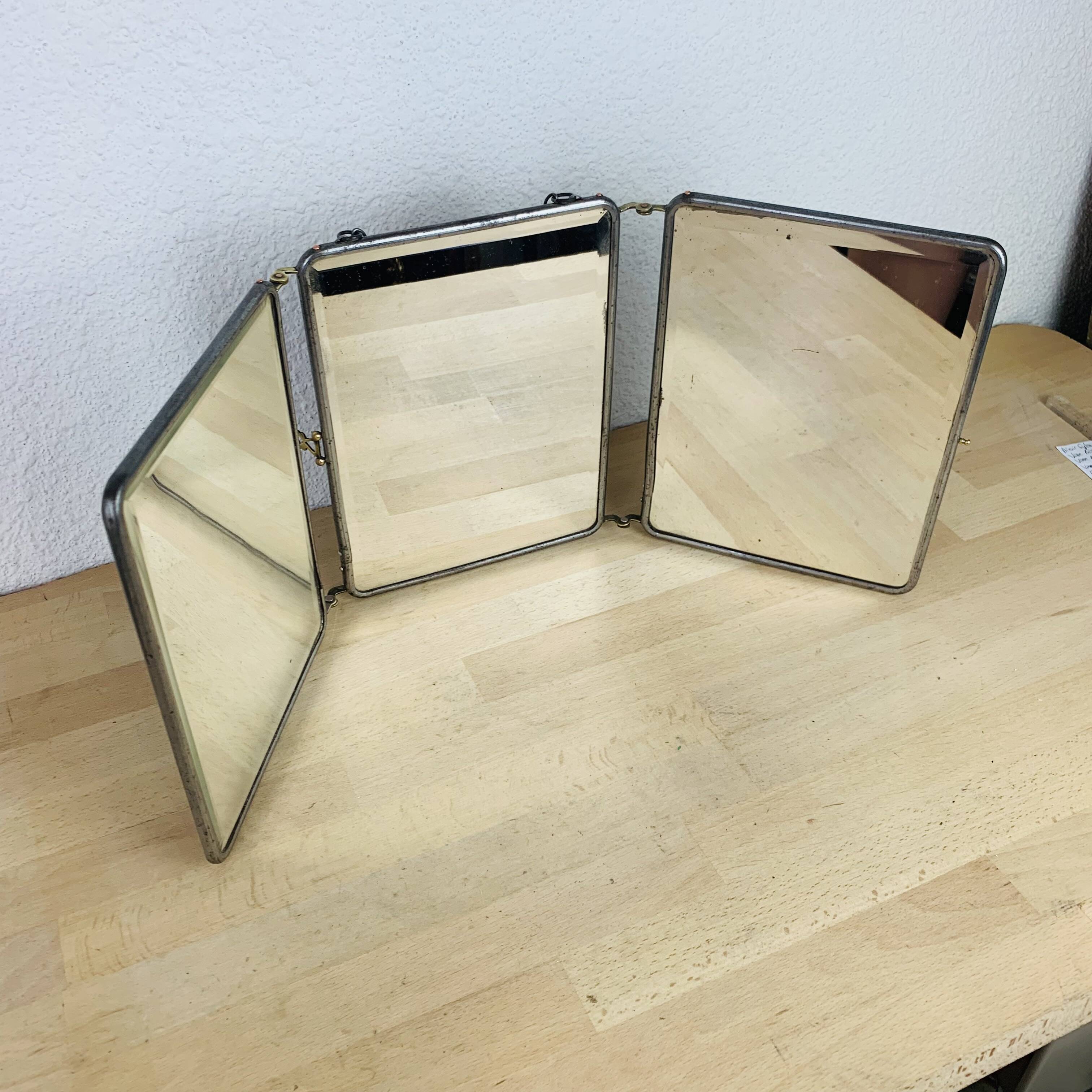 Vintage bevelled glass barber triptych mirror