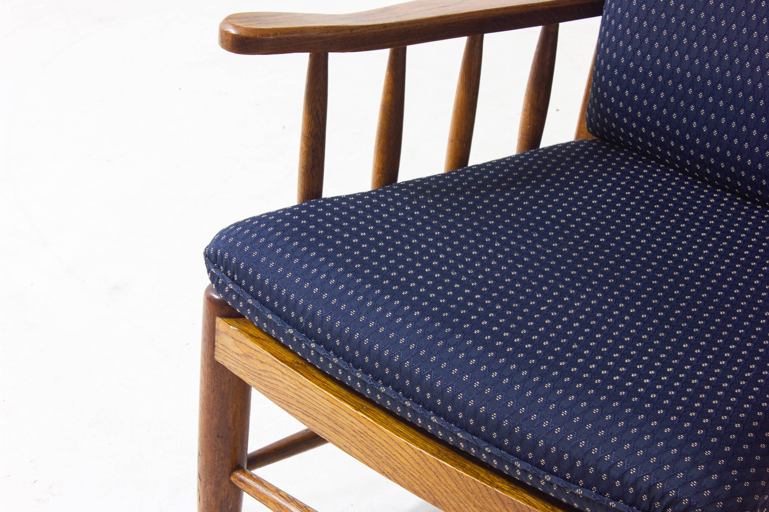 French lounge chair in oak and blue fabric, 1960s