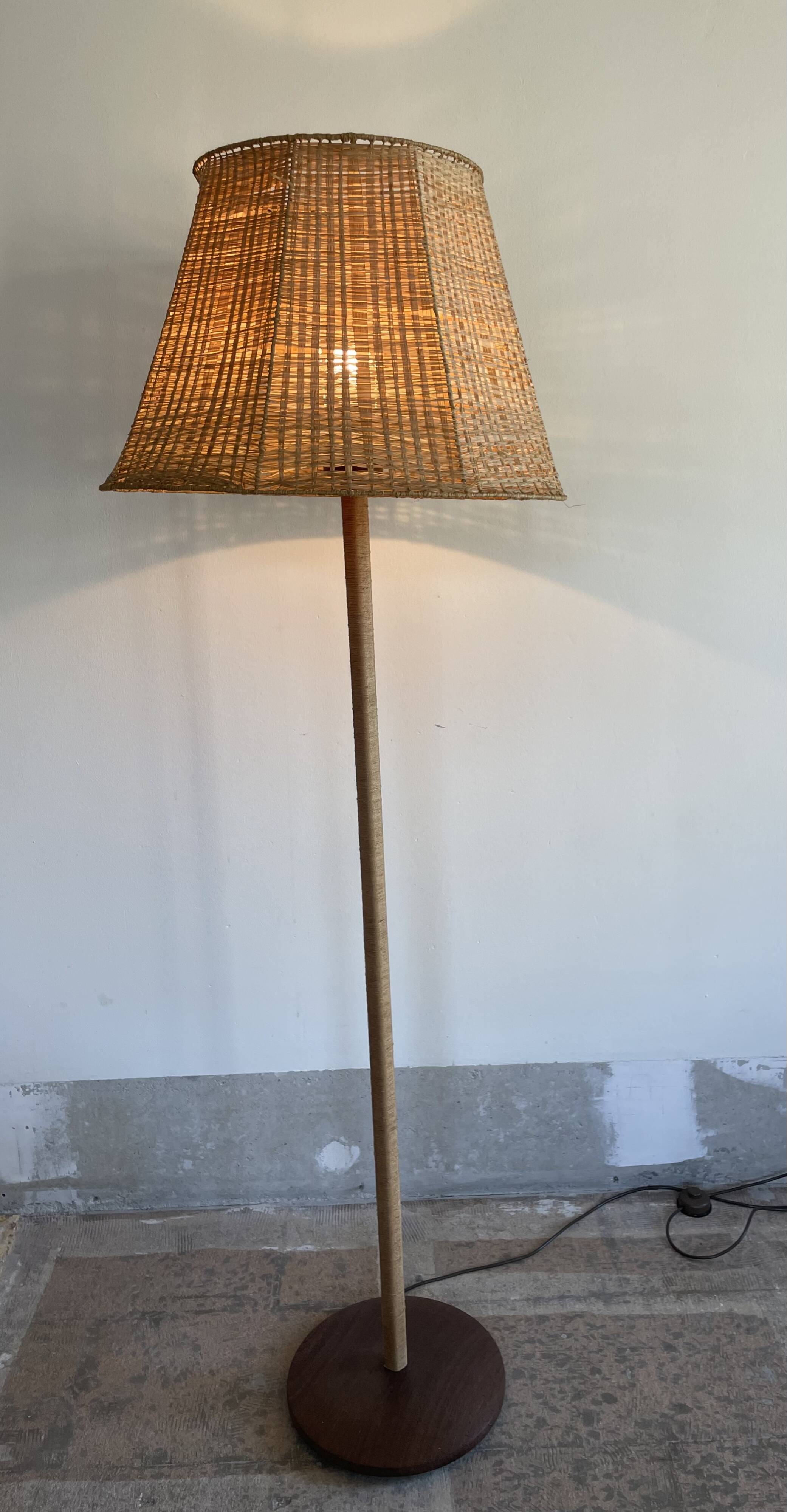 Teak base with raffia and a big papercord lampshade