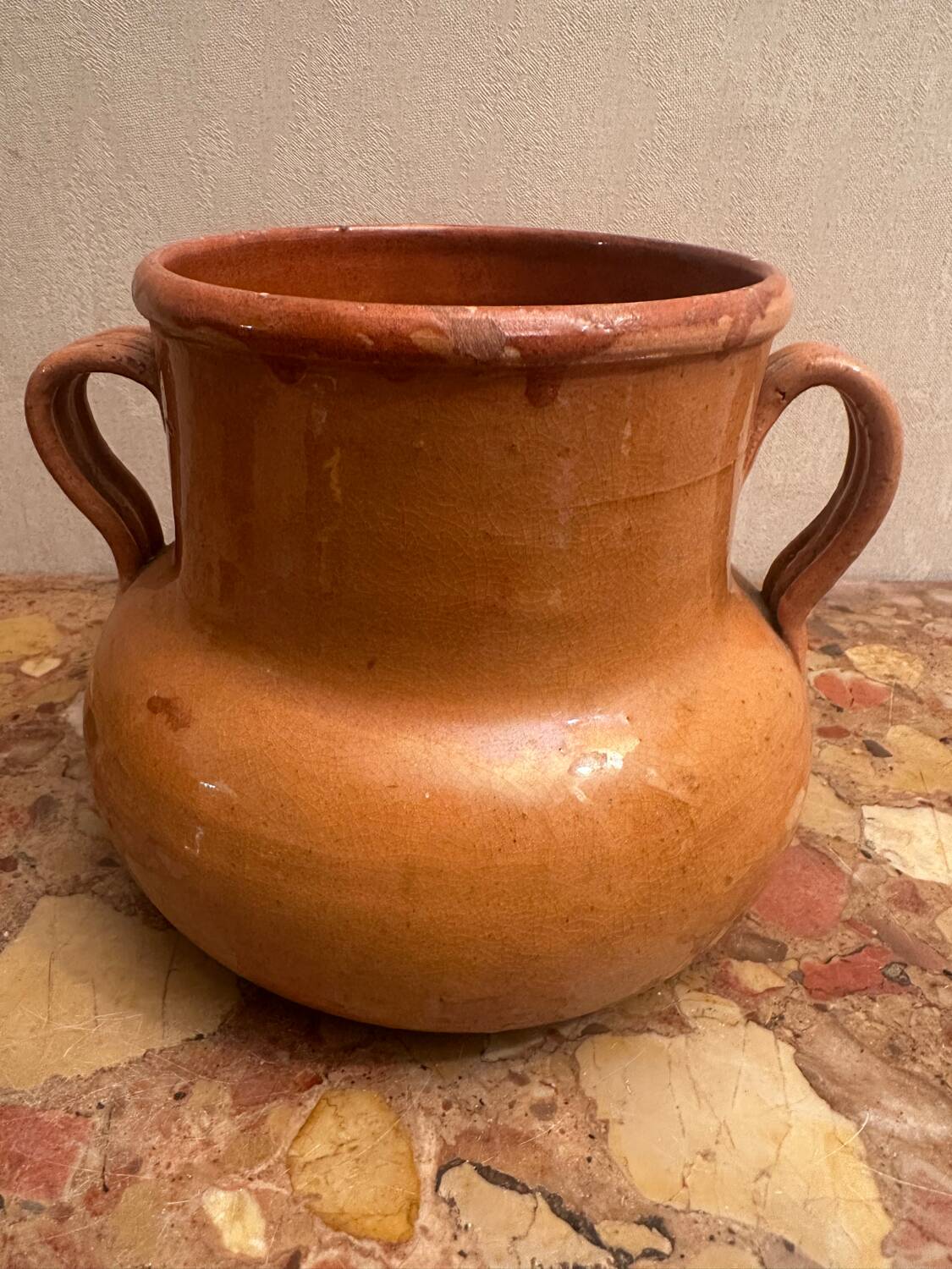 Old pot with handles in glazed Provençal pottery