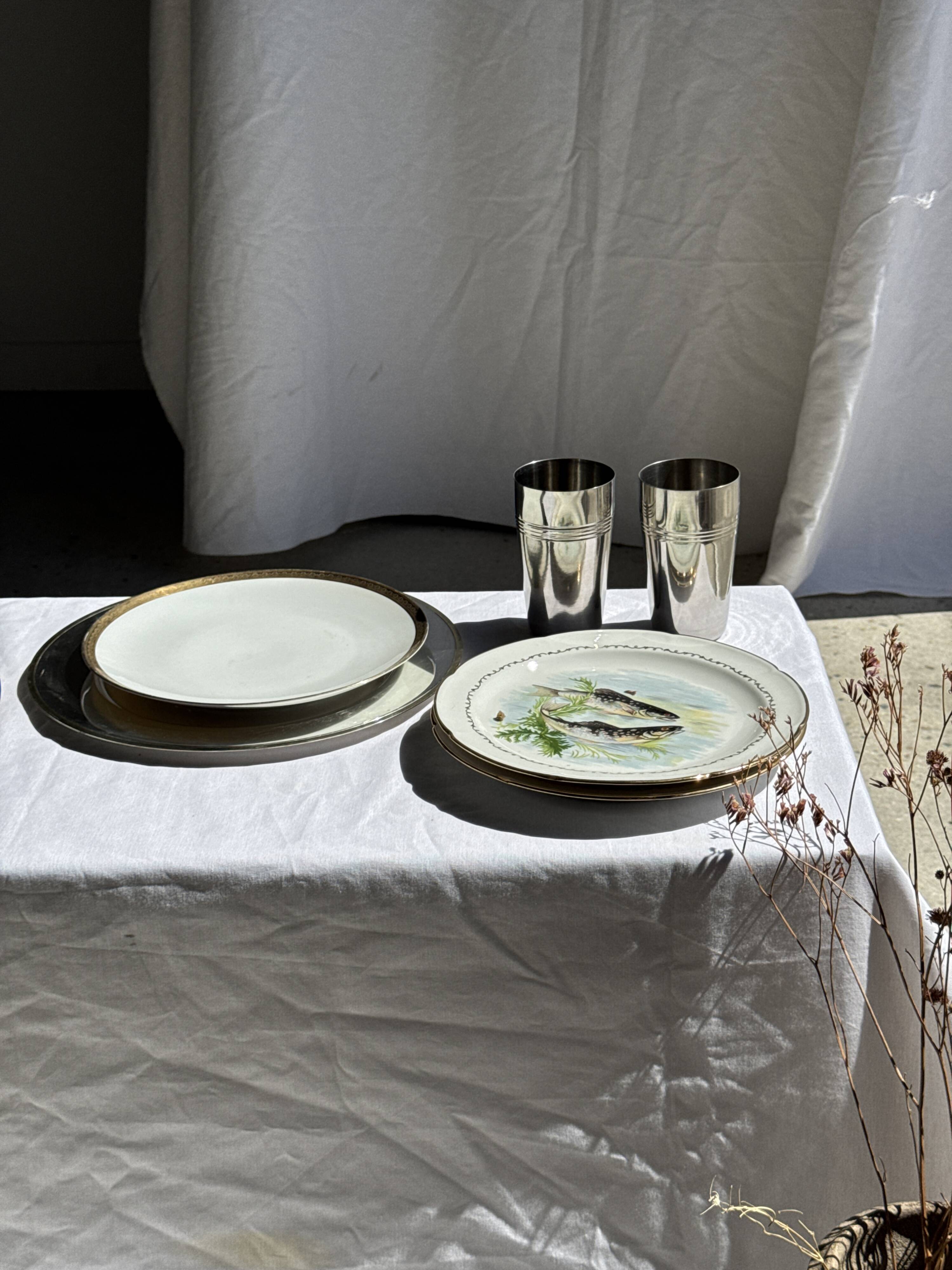 Set of 6 vintage Limoges porcelain plates with fish design.