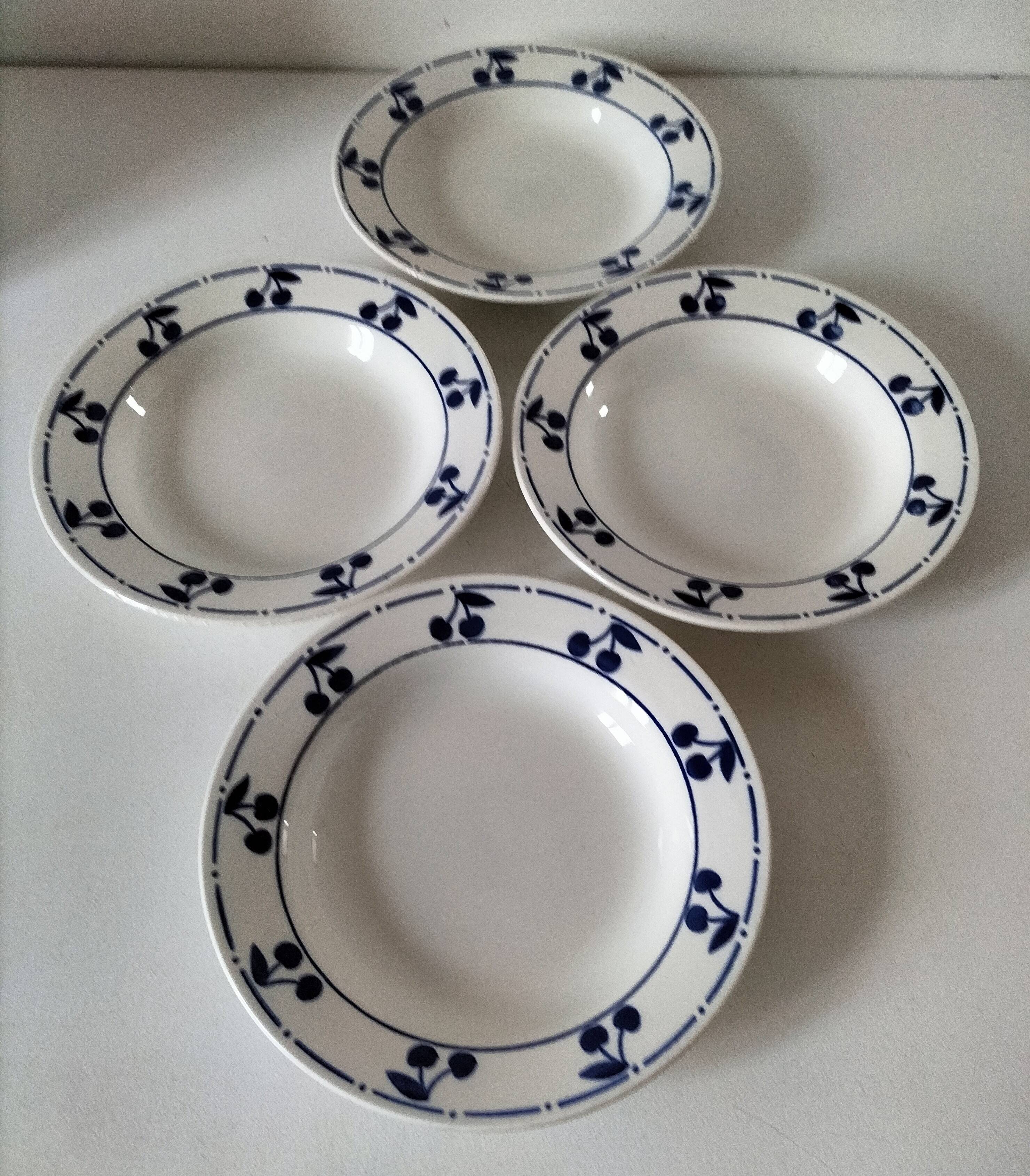 Set of 4 antique soup plates – “Blue Cherries” design – 1950s