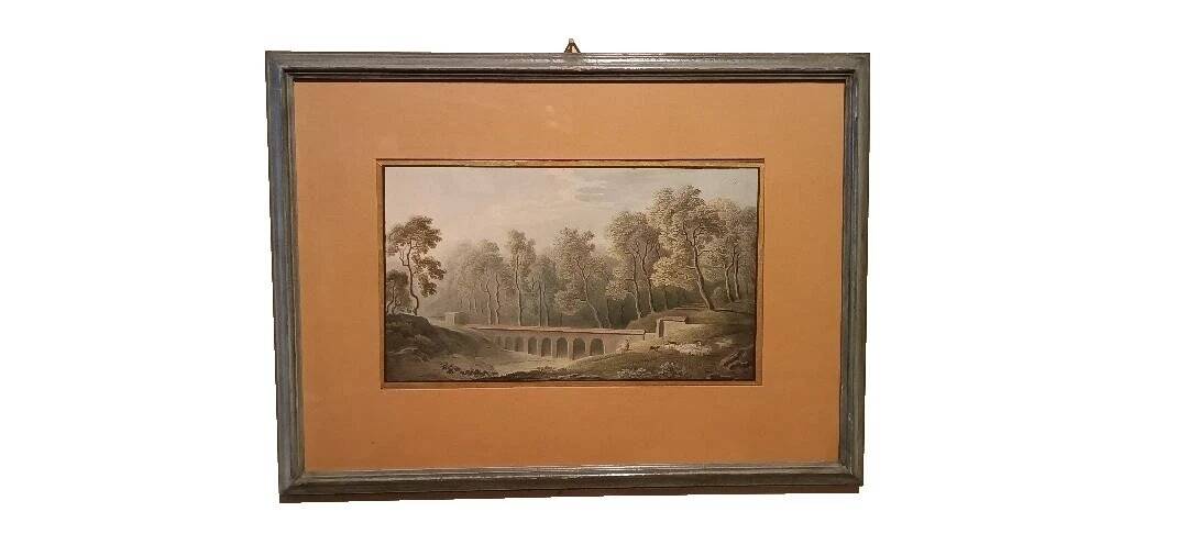 Old watercolour on paper from the early 19th century – landscape with aqueduct and bridge.