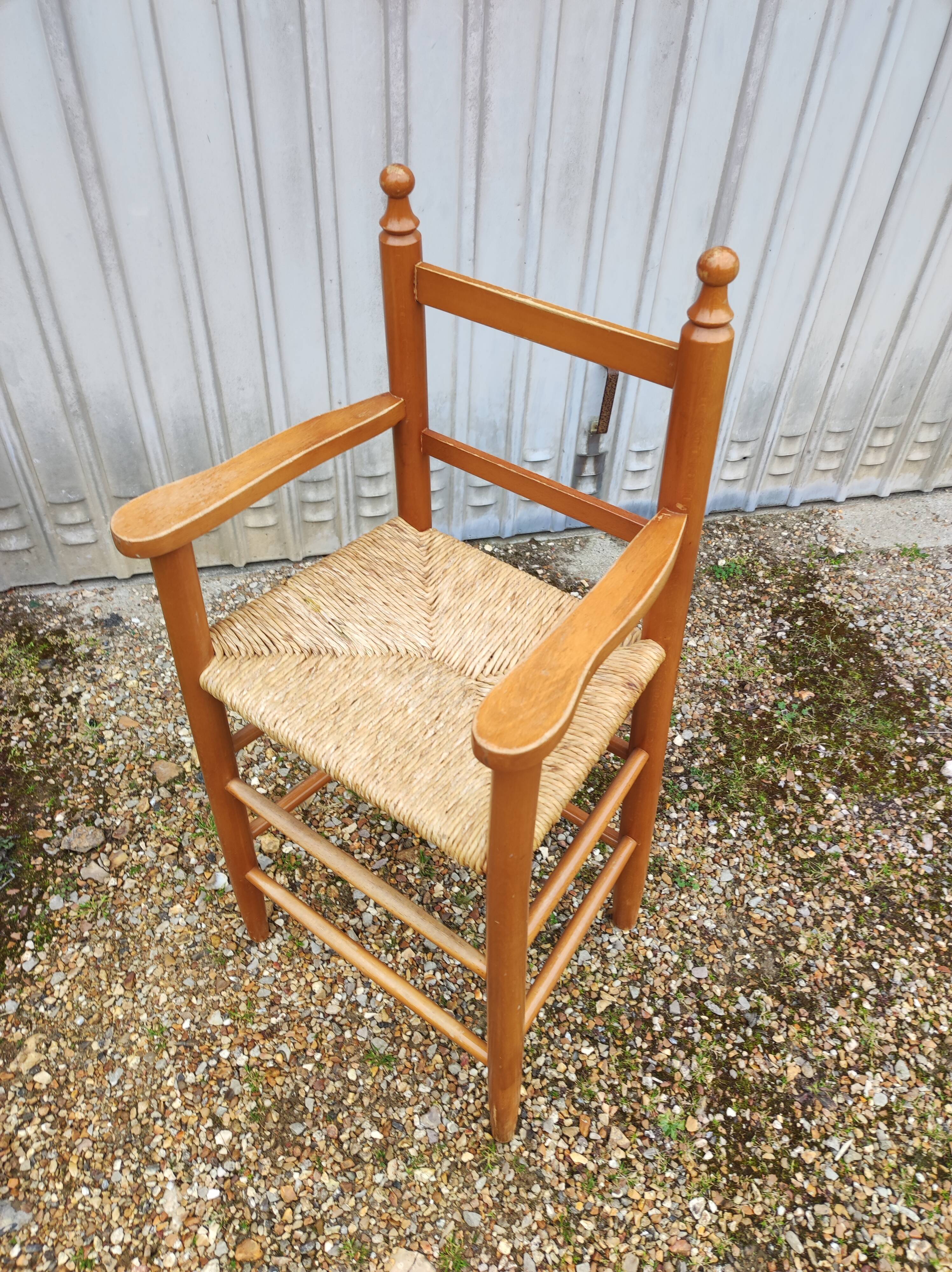 Chair armchair high child wood seat straw vintage