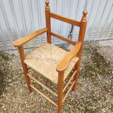 Chair armchair high child wood seat straw vintage