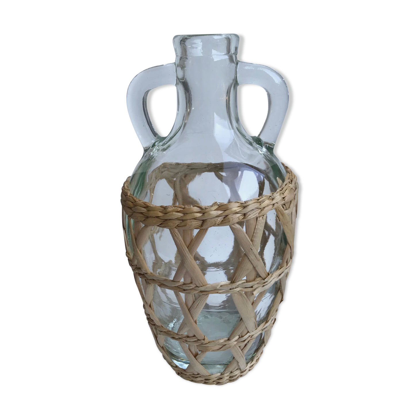 Bottle with handle and covered with wicker / rattan 70s