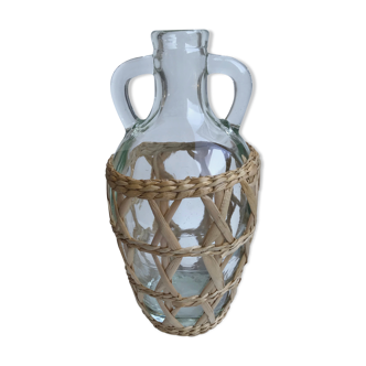 Bottle with handle and covered with wicker / rattan 70s