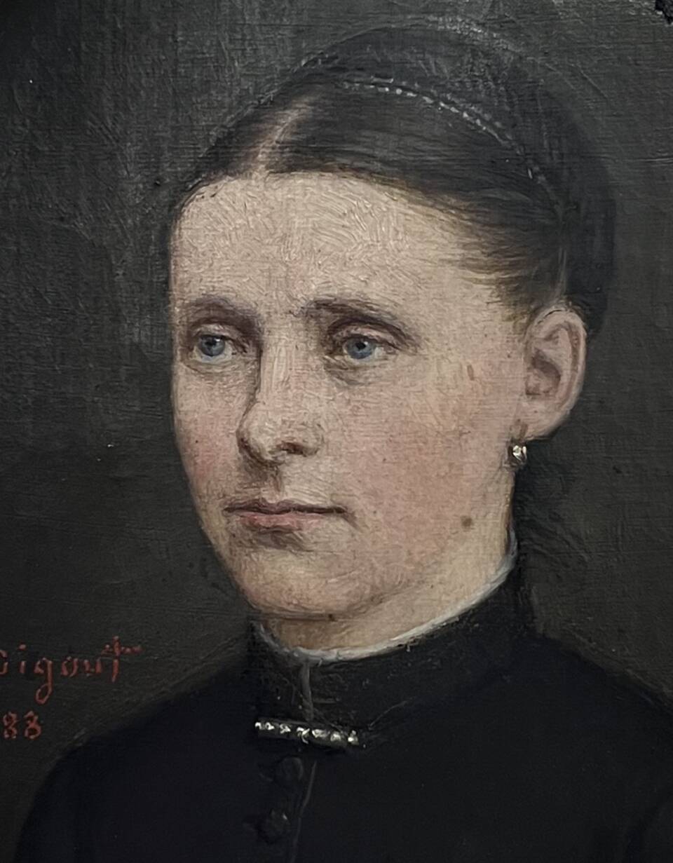 Portrait, oil on canvas of a young woman, signed Louis Joseph Digout, 19th century.