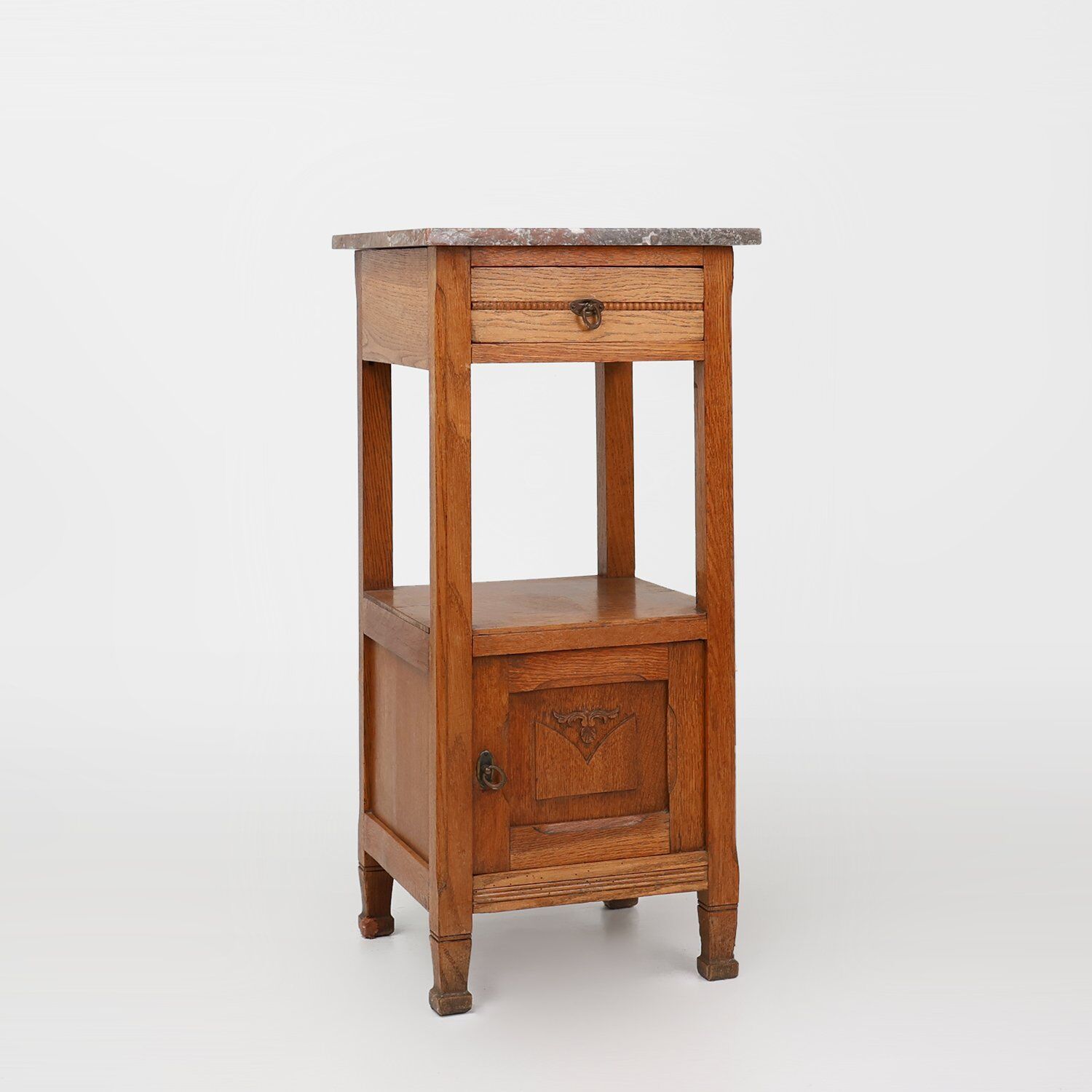 French Art Deco Nightstand in Oak with Pink Marble Top, 1930s