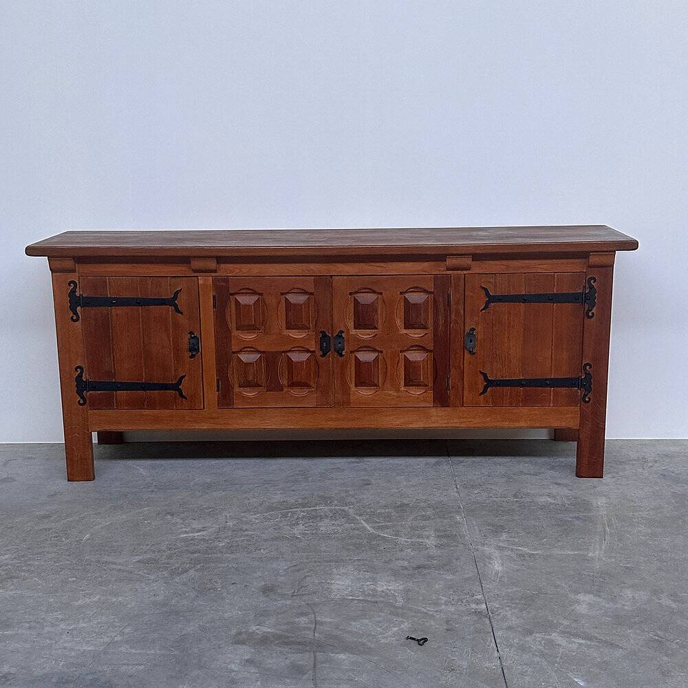 Brutalist solid oak sideboard with hand-forged iron hardware, Belgium, 1970s