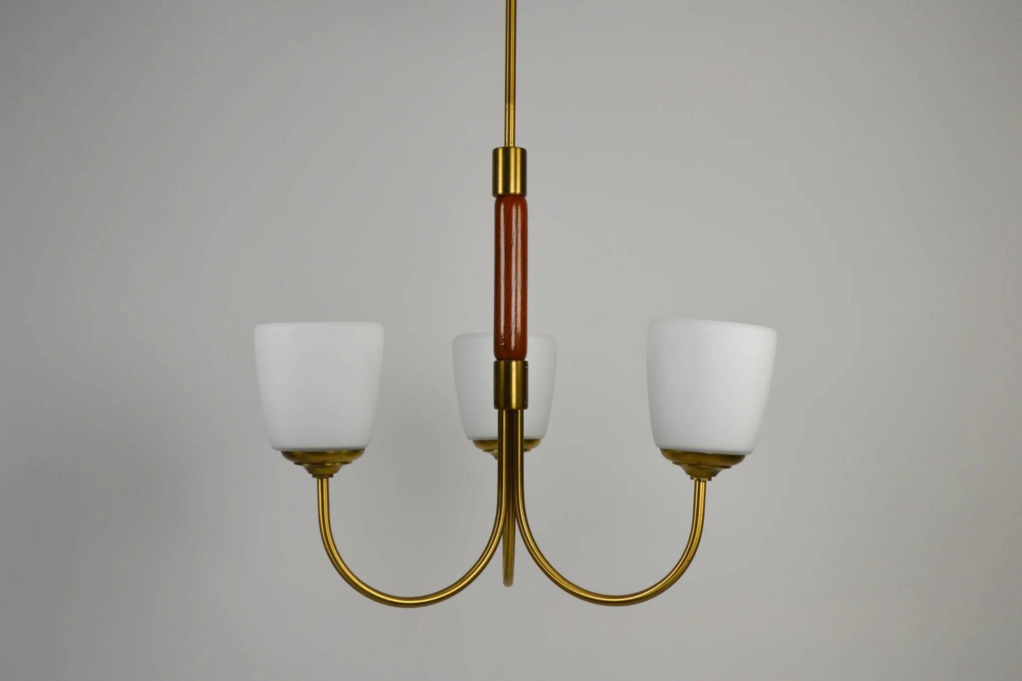 Scandinavian Modern Three-Light Pendant in Brass, Teak and Opaline Glass, 1960s