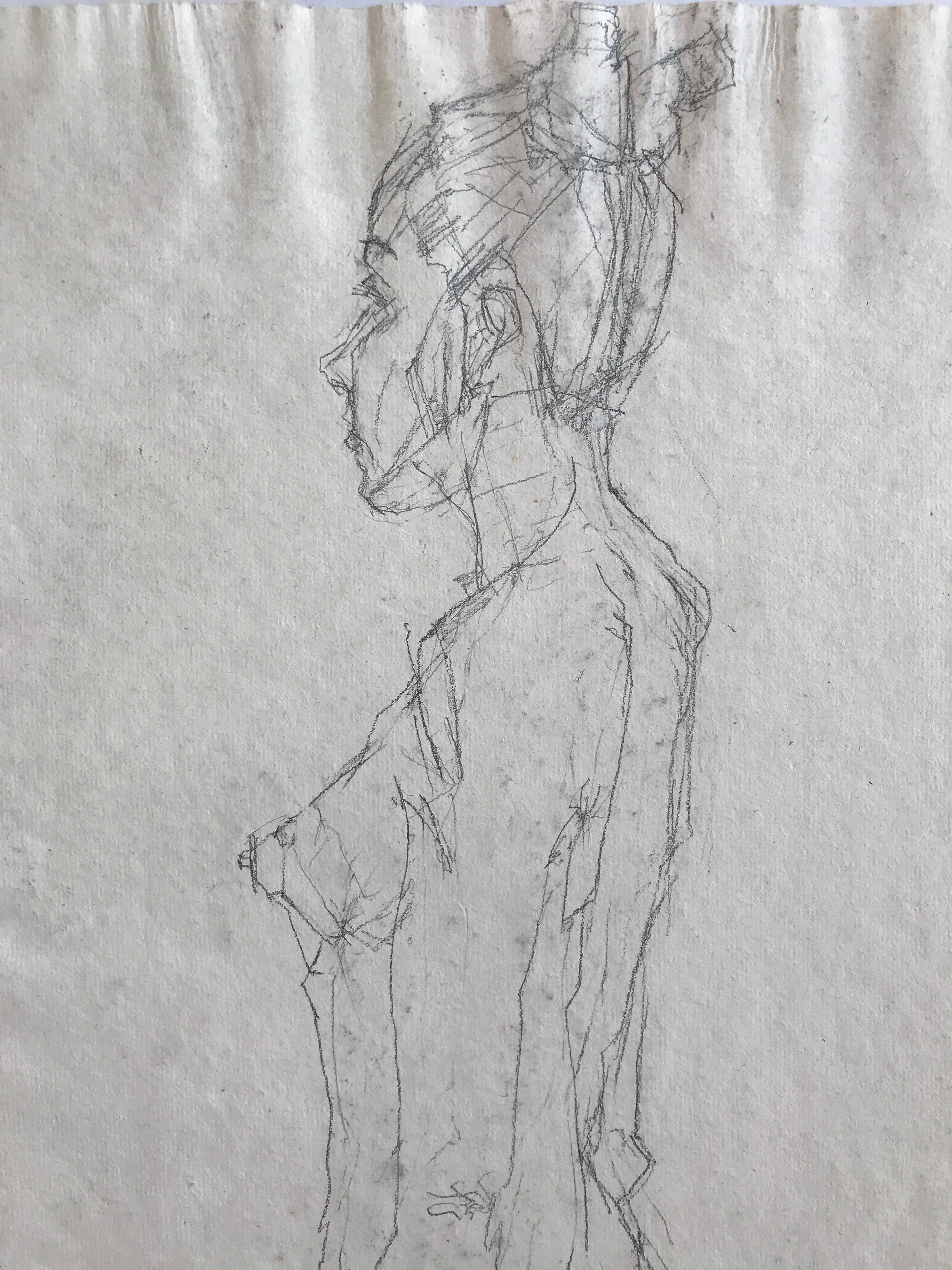 Pencil sketch on paper by robert haisley, standing contemporary figure (profile study)