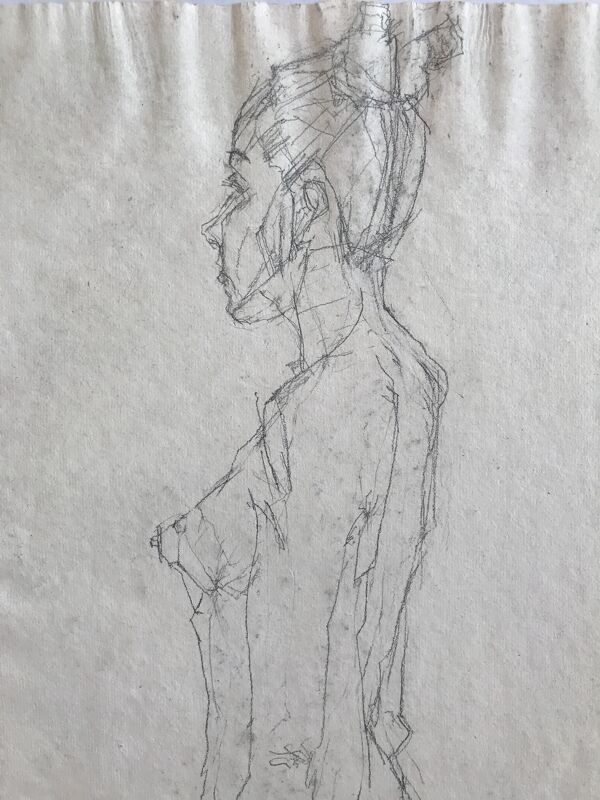 Croquis au crayon sur papier de robert haisley, figure contemporaine debout (étude de profil)