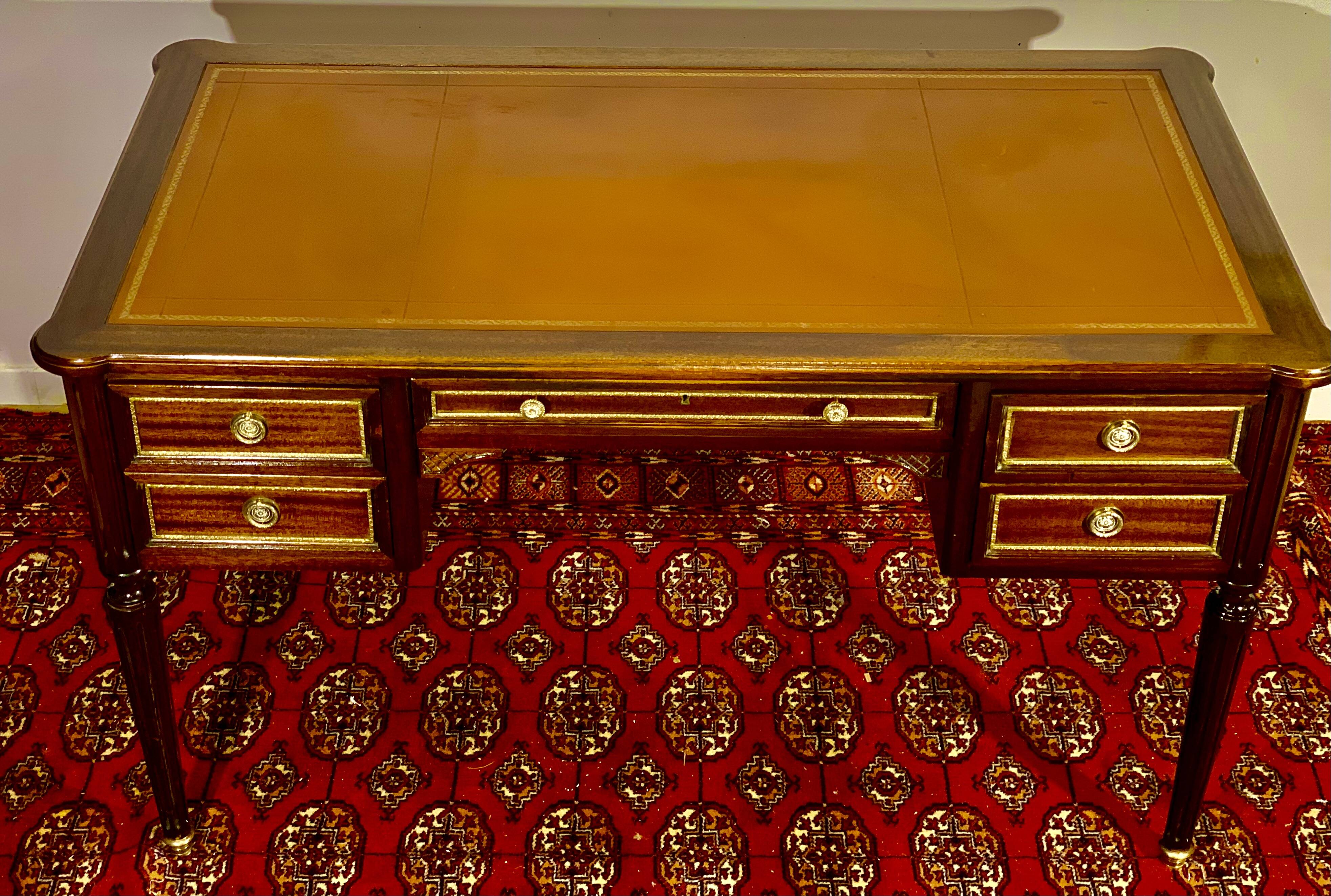 Louis XVI style desk, mahogany, tan leather