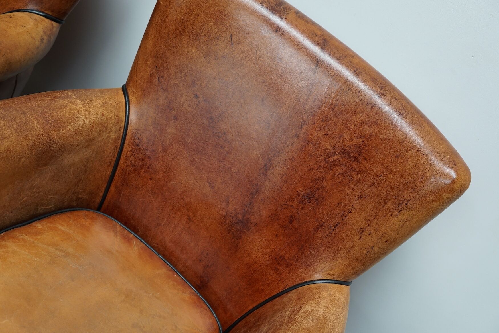 Fauteuil club en cuir vintage hollandais de couleur cognac, ensemble de 2
