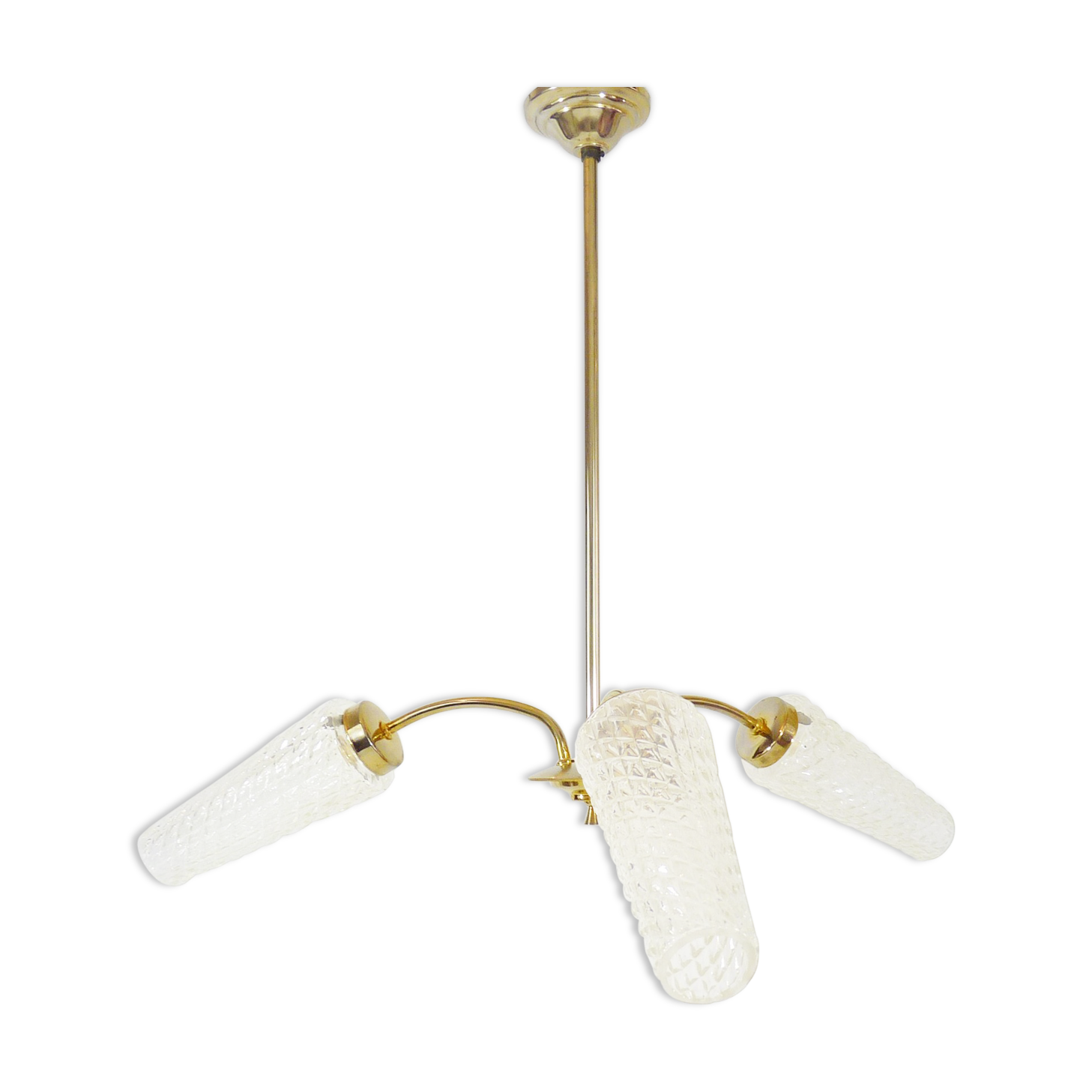 Old 3-branched chandelier, brass and chiseled glass tubes, 60s