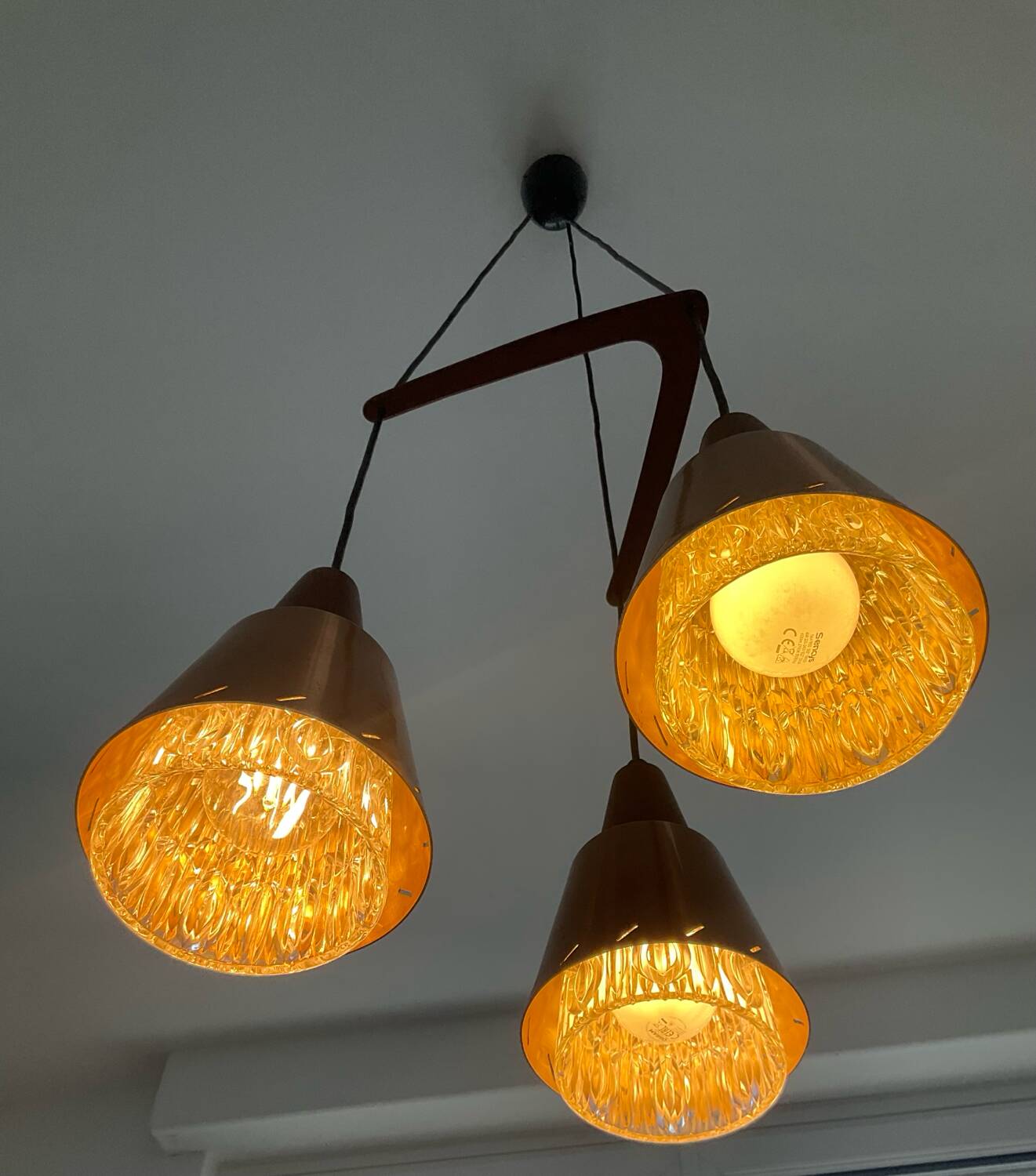 Scandinavian Boomerang chandelier from the 60s in teak, metal and glass