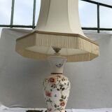 Lampe céramique Moustiers & socle bois avec abat-jour tissu beige vintage