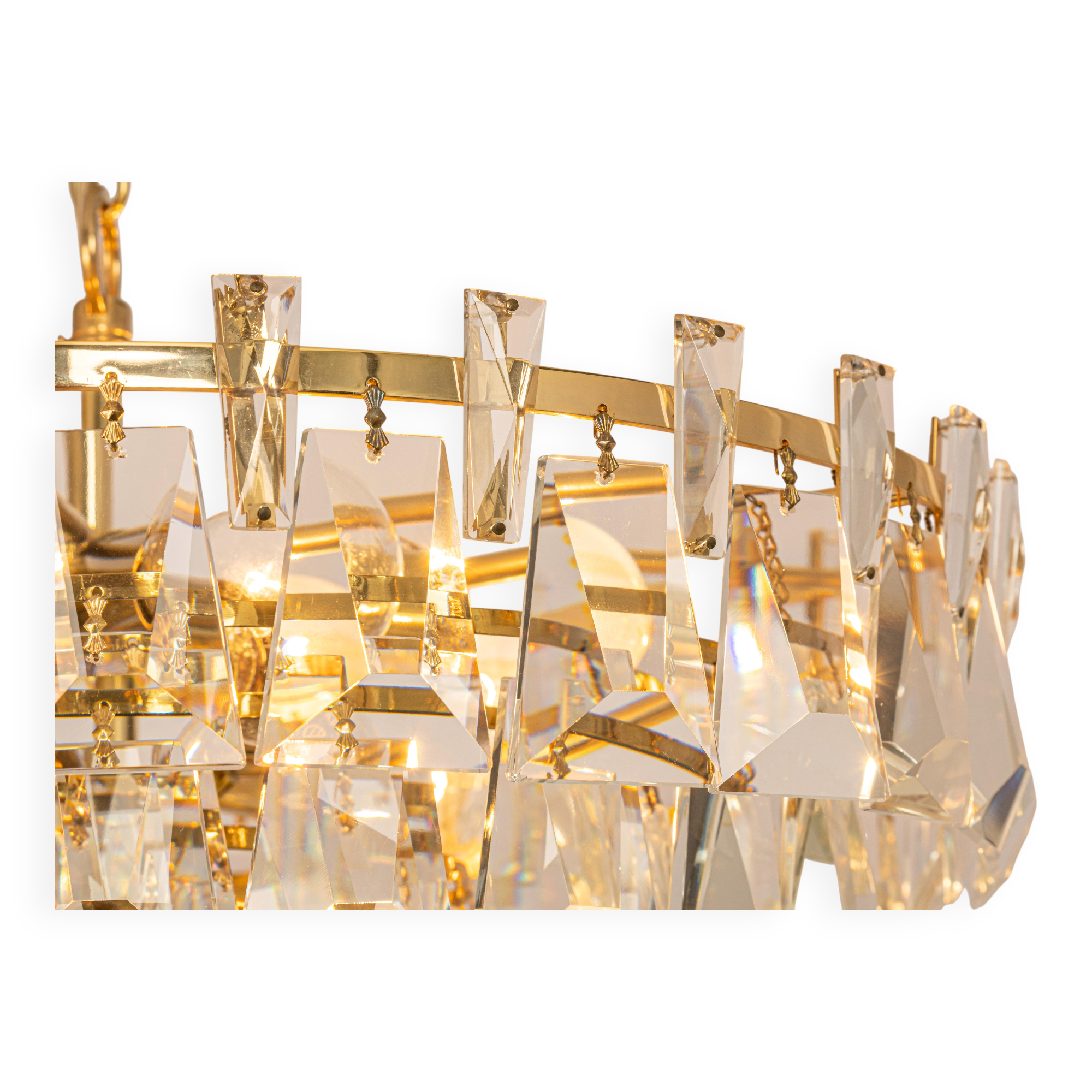 Large chandelier in gilded brass and crystal, by Palwa, Germany, 1970s.