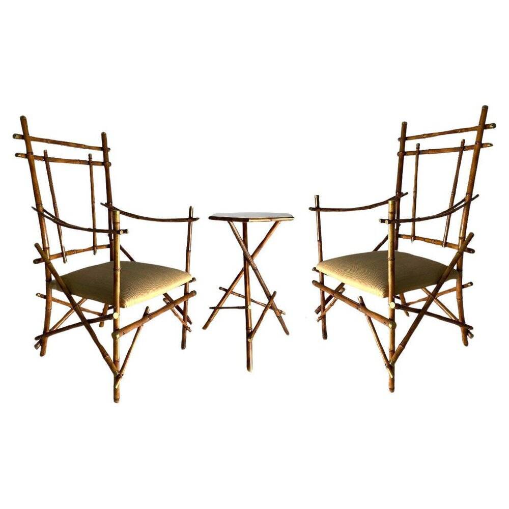 Vintage Italian Armchairs and Coffee Table in Bamboo and Brass by Paolo Traversi, 1970s, Set of 3