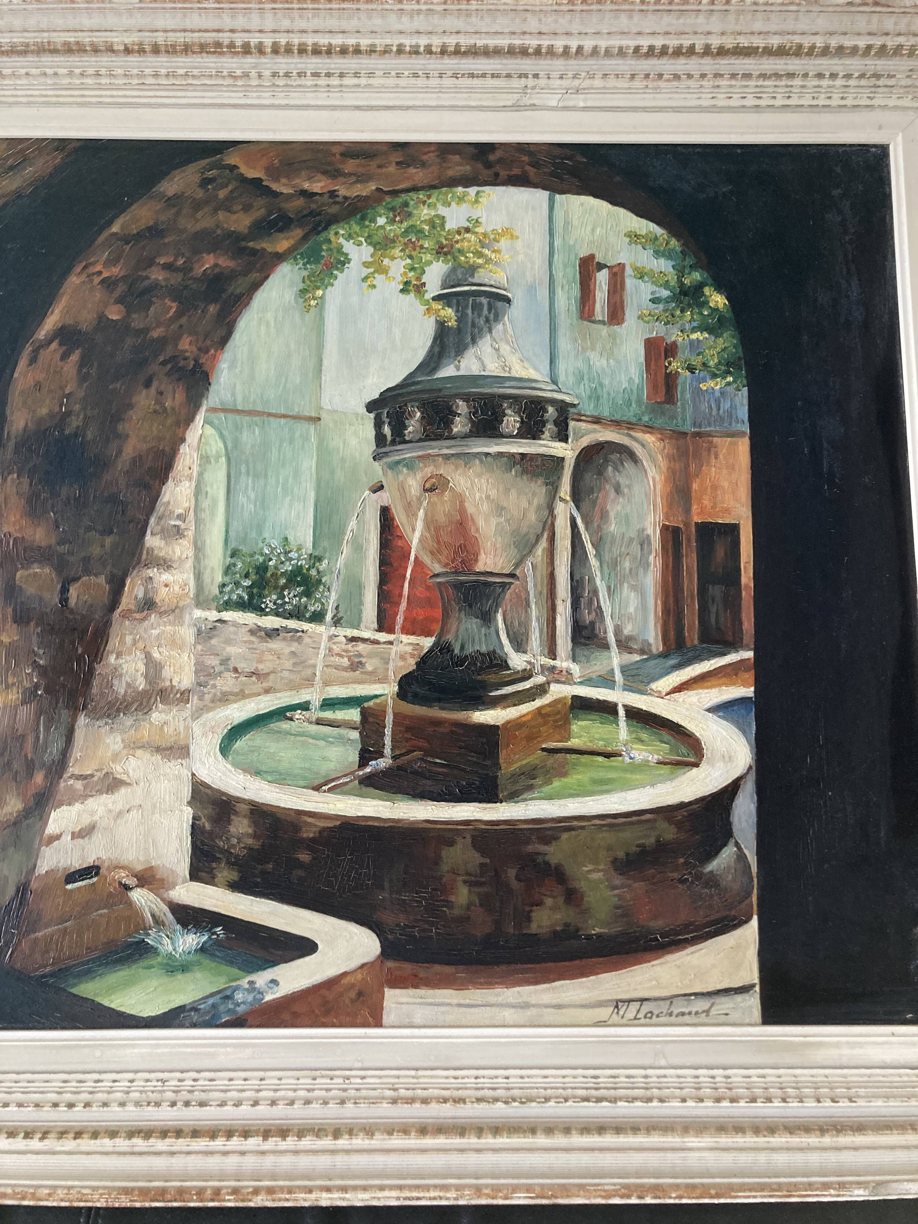 Framed oil fountain painting