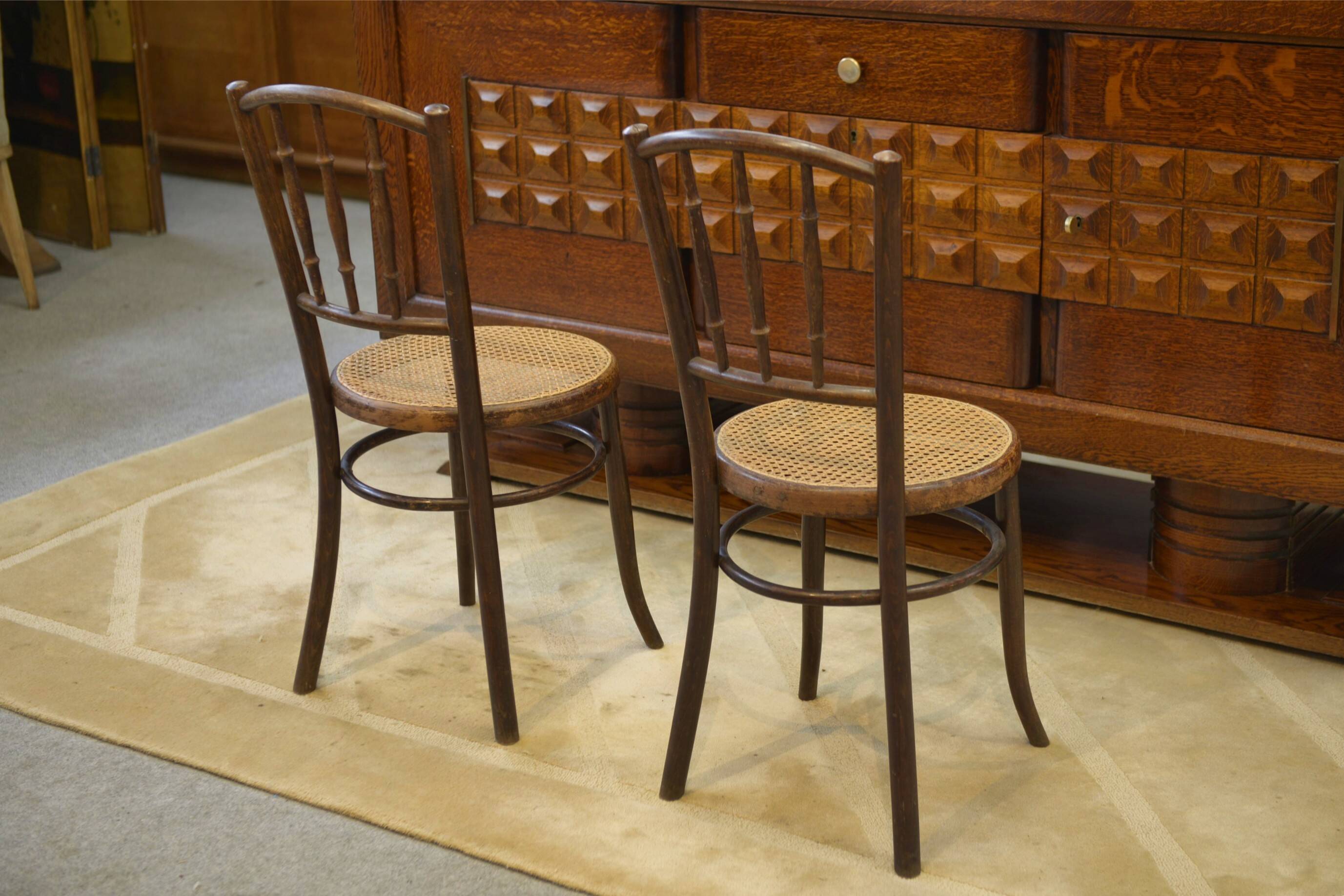 Pair of curved wooden bistro chairs stamped Fischel 1930s