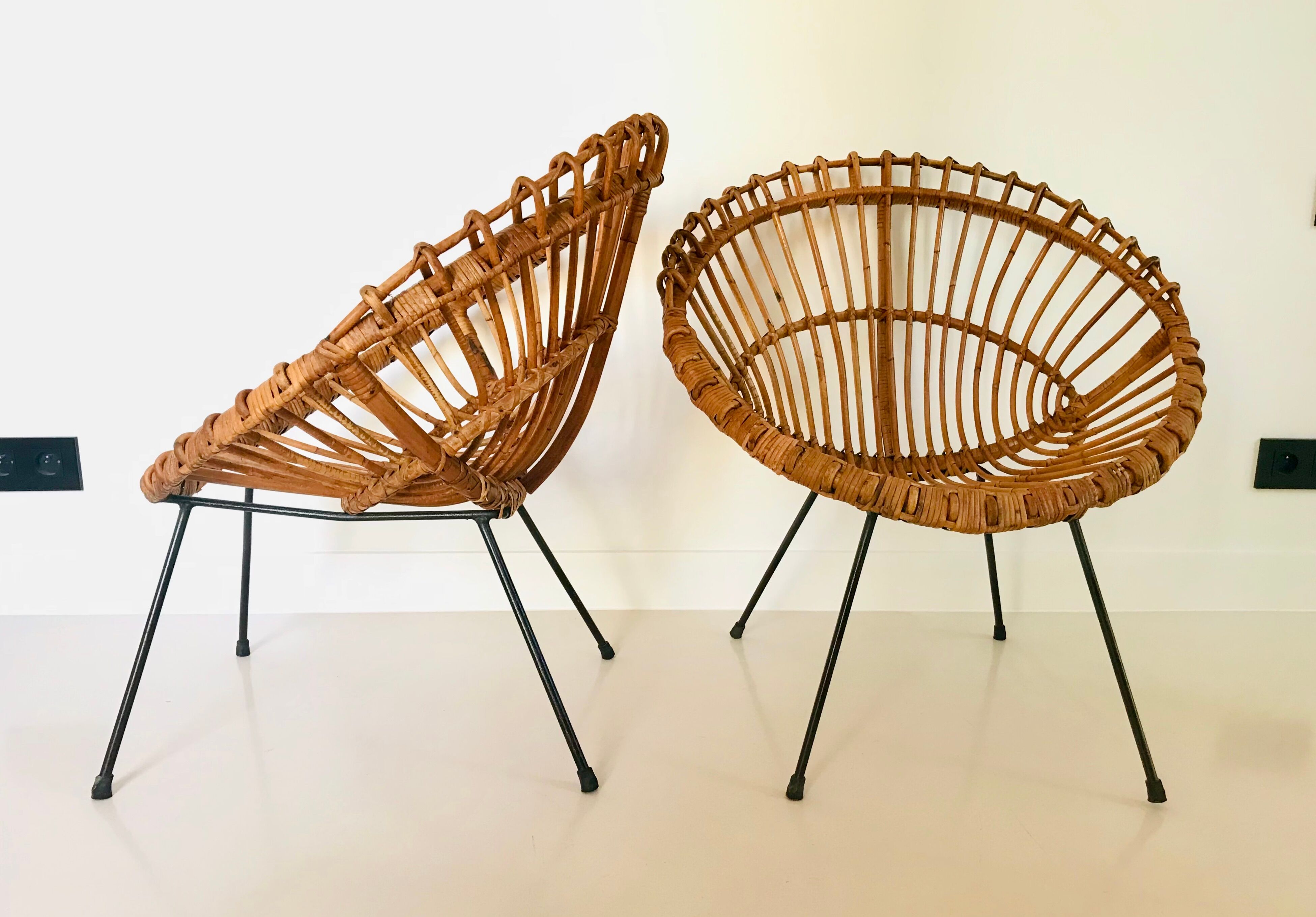 Pair of rattan armchairs, italy 60s