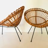 Pair of rattan armchairs, italy 60s
