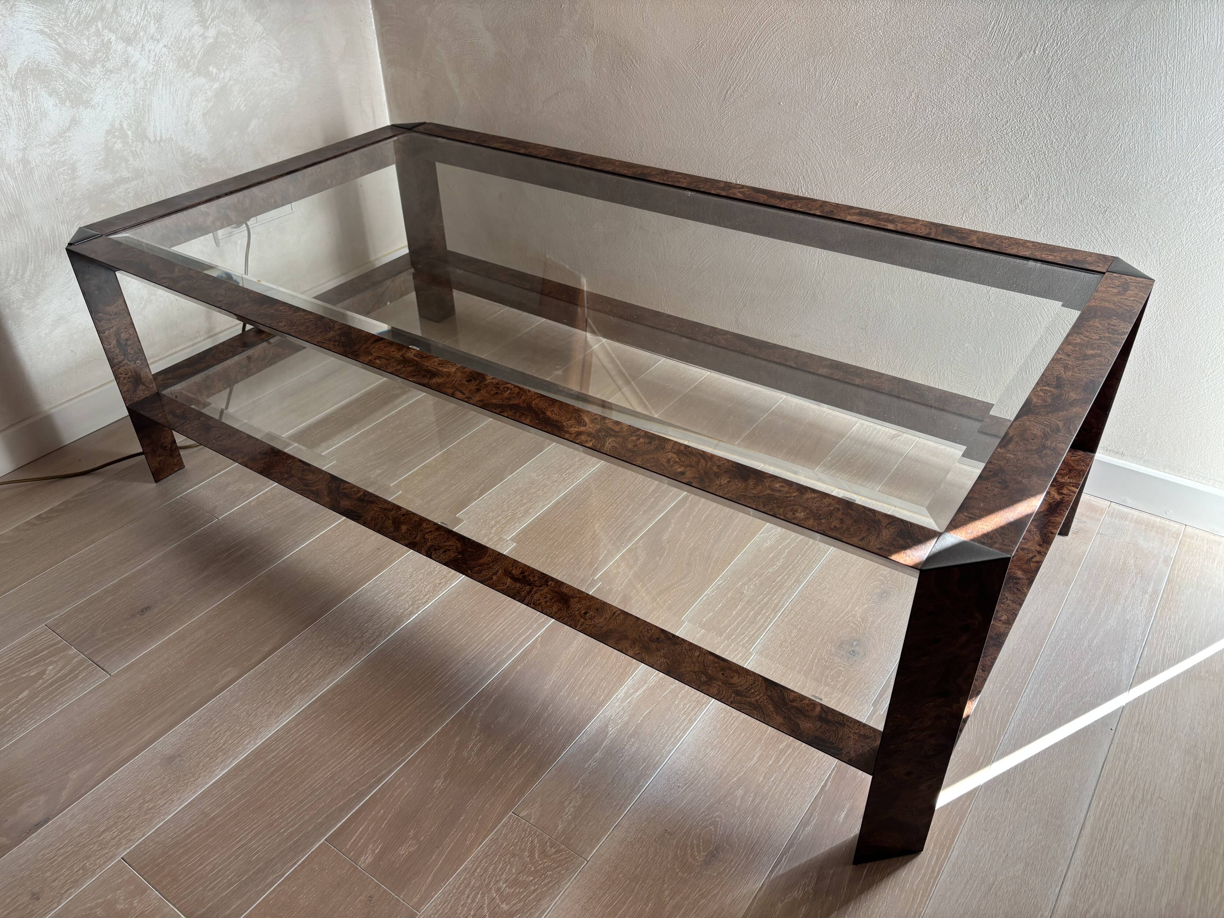 Vintage coffee table in elm burl and glass