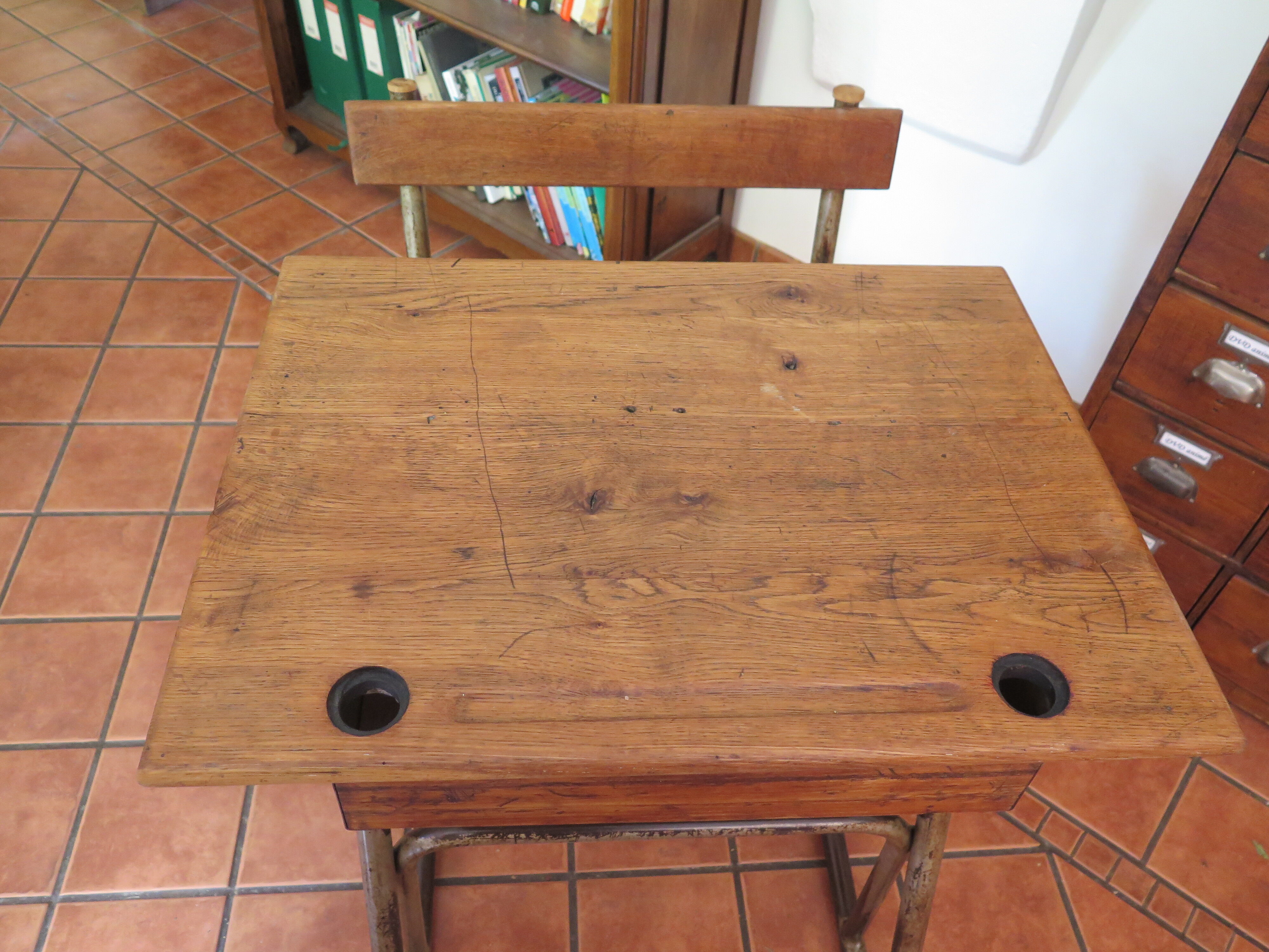 Industrial style oak and metal school desk