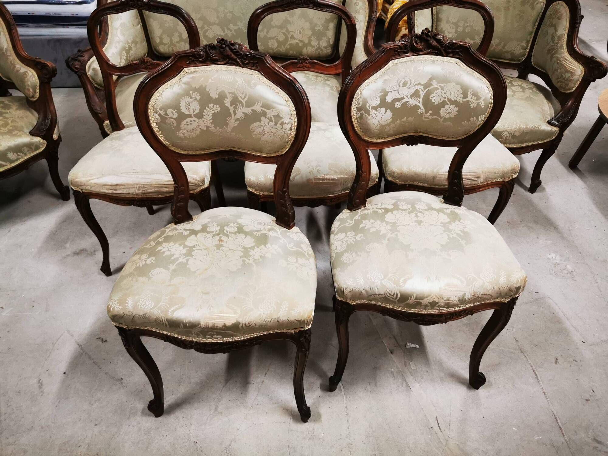 Two-seater bench + two simple armchairs + five Louis XV chairs to be reupholstered