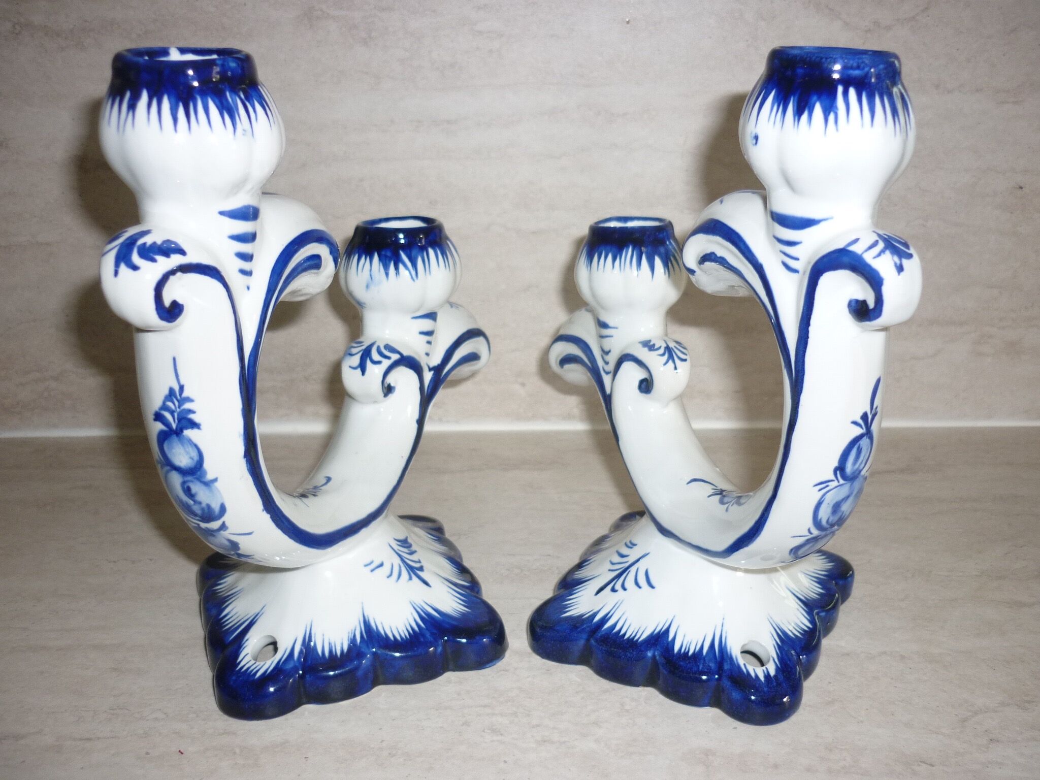 Pair of 2-pointed ceramic candlesticks from Portugal