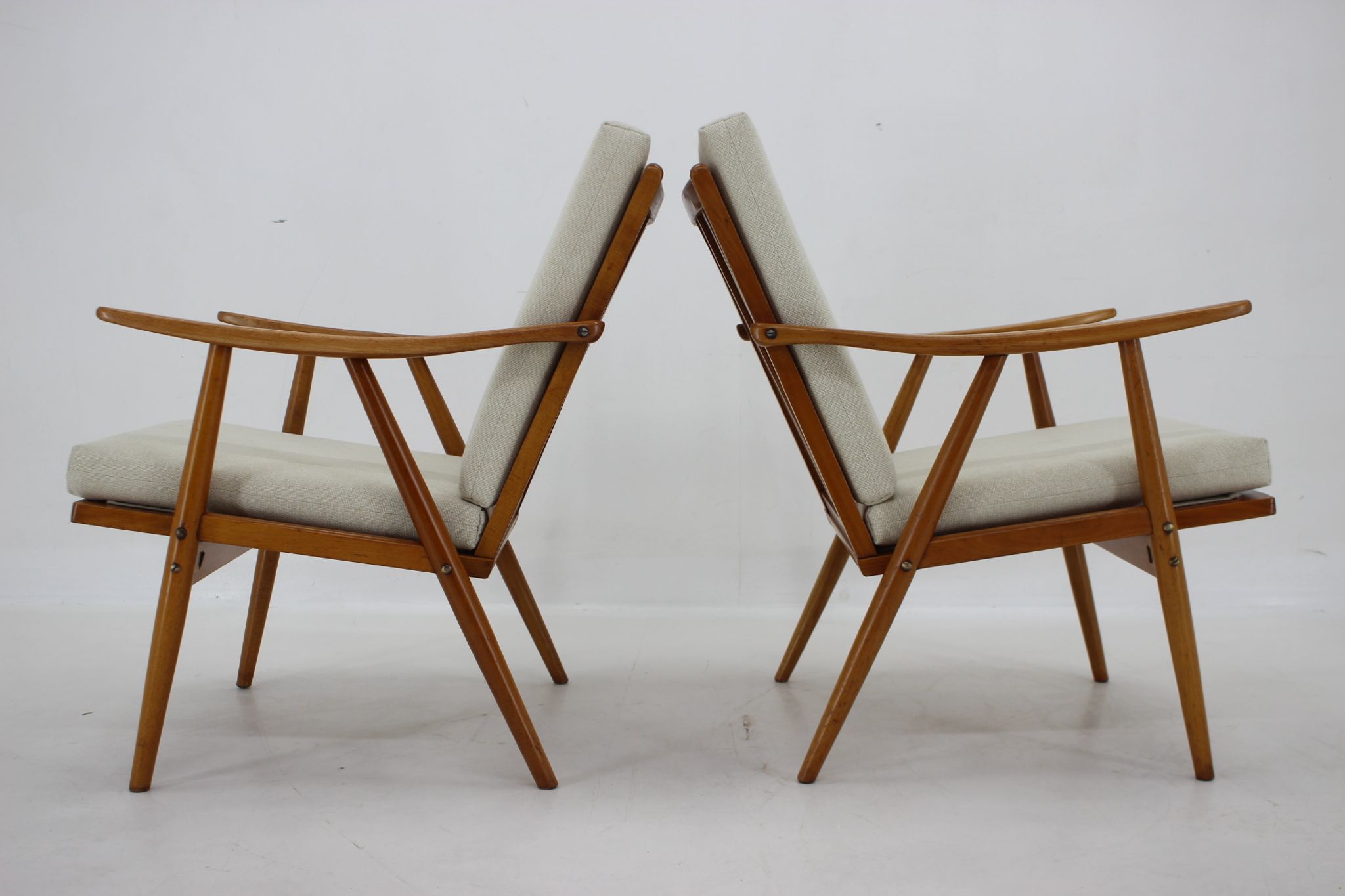 1970s pair of beech armchairs, czechoslovakia