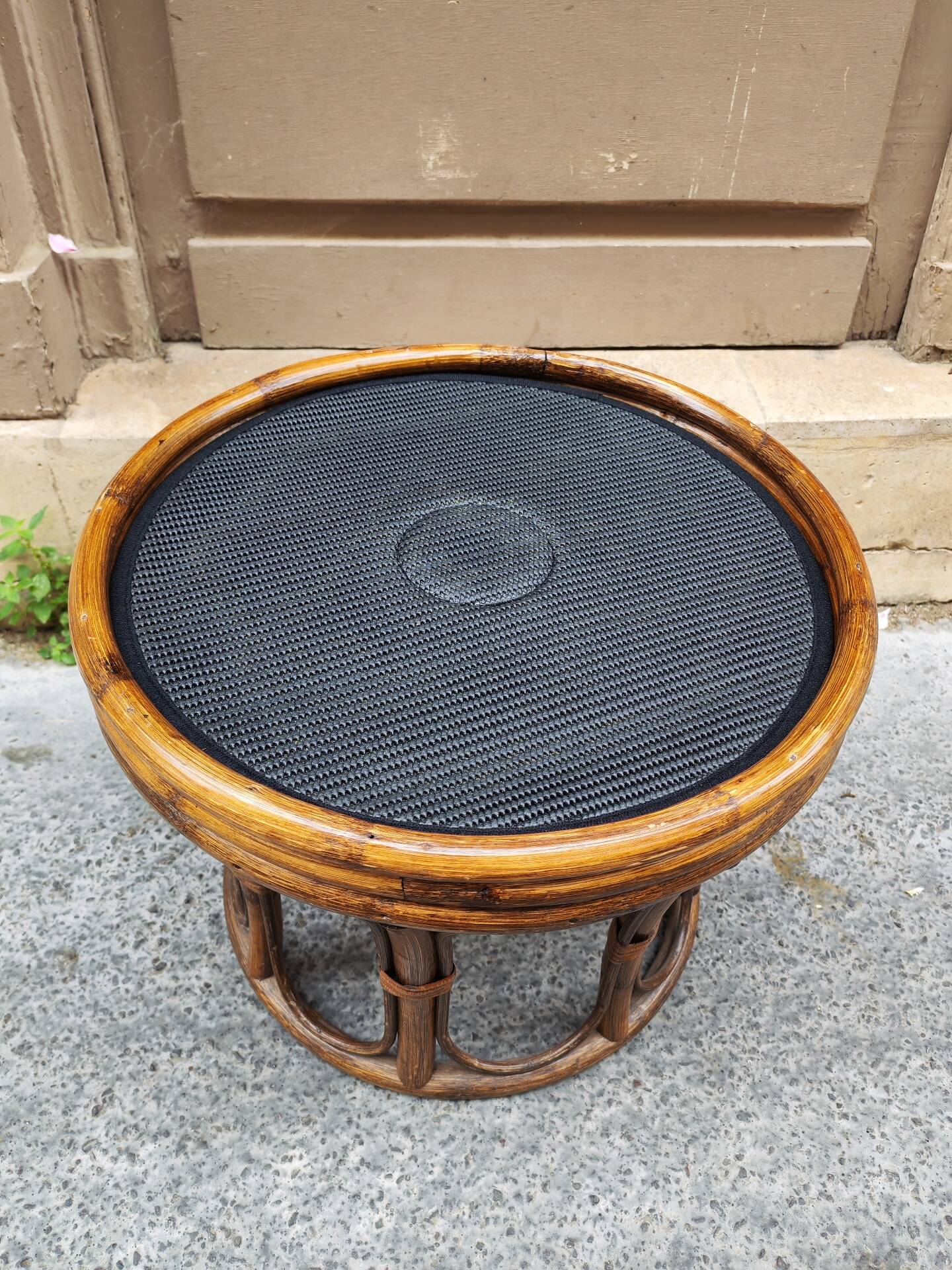 Vintage 1970s bamboo pouf stool