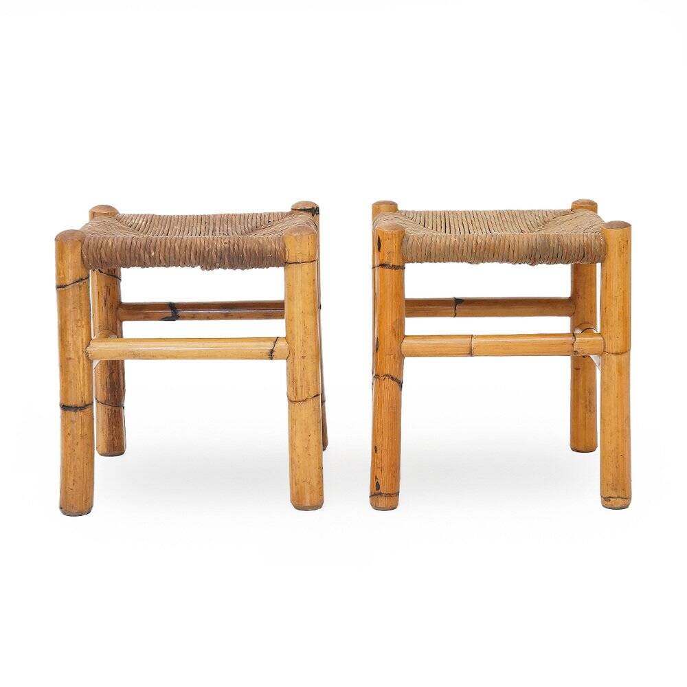 Rattan and woven straw stools, 1960s, set of 2