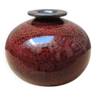 Ancien Vase Boule Signé en Céramique Finition Laqué