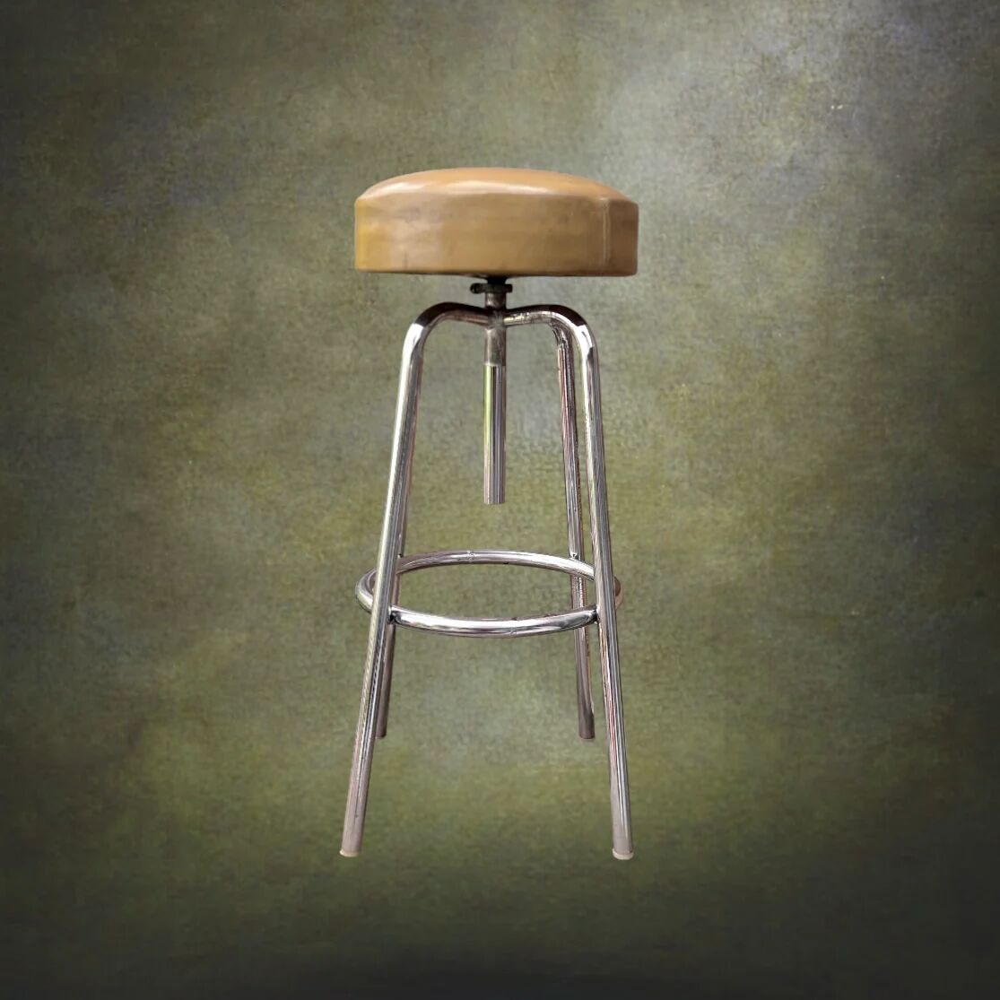 Adjustable industrial stool in chrome metal and beige leather – 1950s 60s