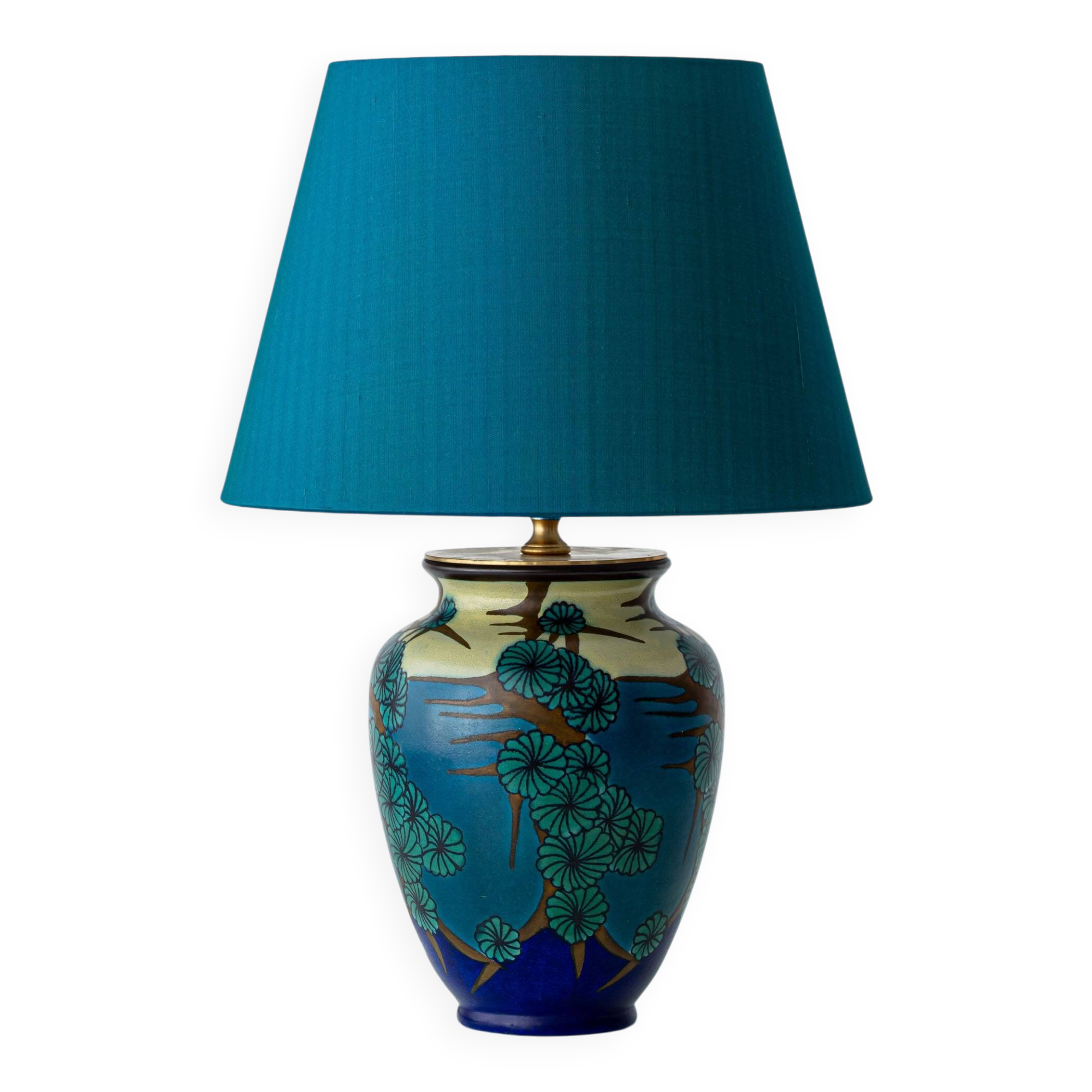 Art Deco Ceramic Table Lamp by PZH Gouda, 1928, with New Dupion Silk Shade
