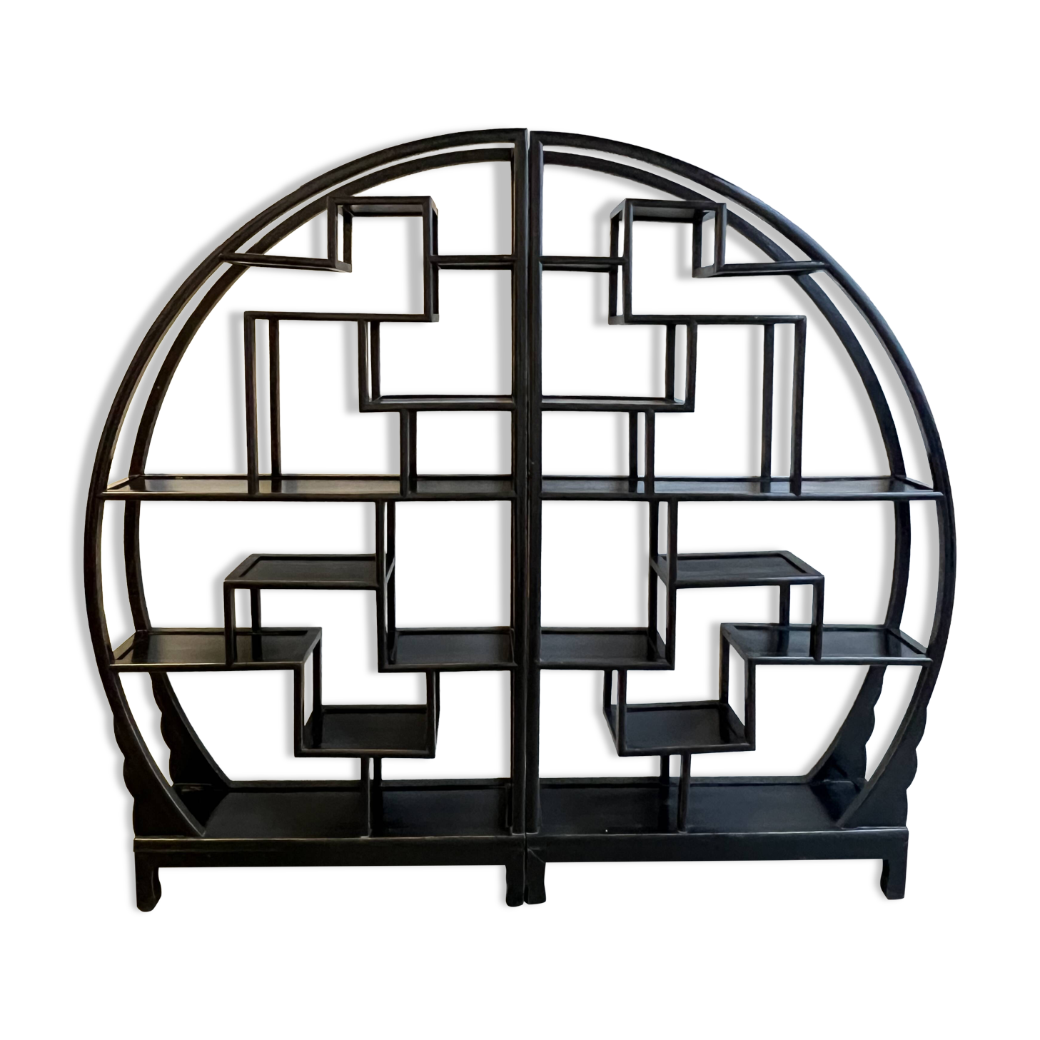 Vintage Black Circular Asian-Inspired Shelf Étagère, 2 parts