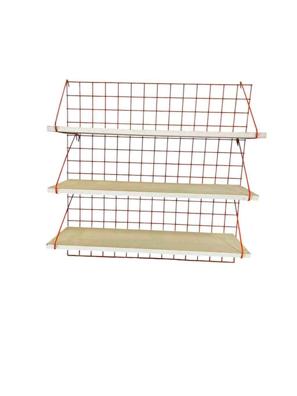 Vintage orange-red multi-level wall shelf with grid