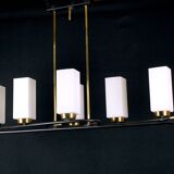 Chandelier of Maison Arlus, in black and gold metal and six rectangular opalines