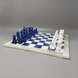 1970s elegant blue and white chess set in volterra alabaster handmade. made in italy