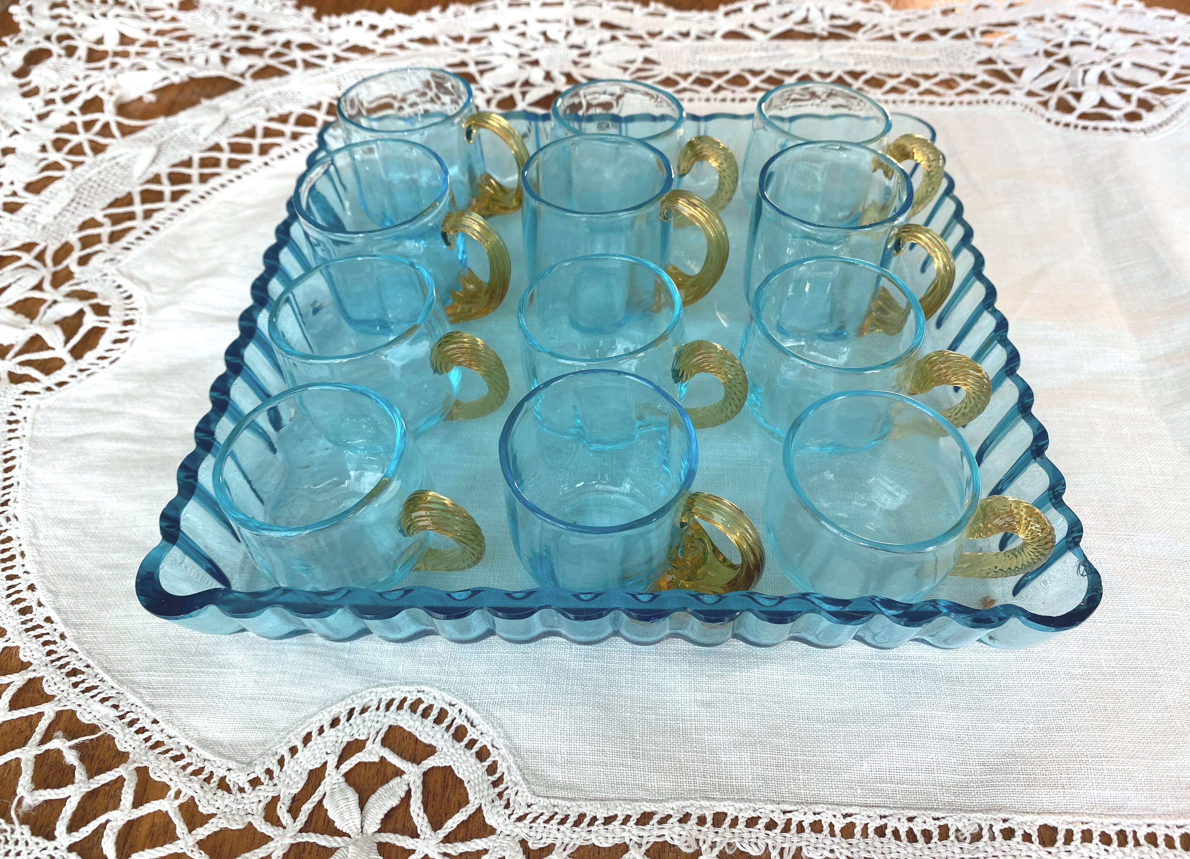 Antique Georges Sand blue and amber liqueur set - 12 glasses and tray