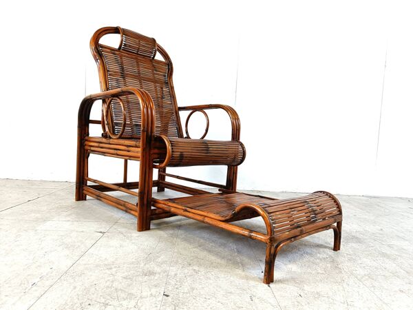 Chaise de jardin, chaise longue en rotin et bambou, années 1950