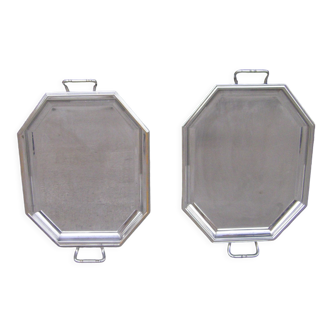 Two vintage stainless steel serving trays