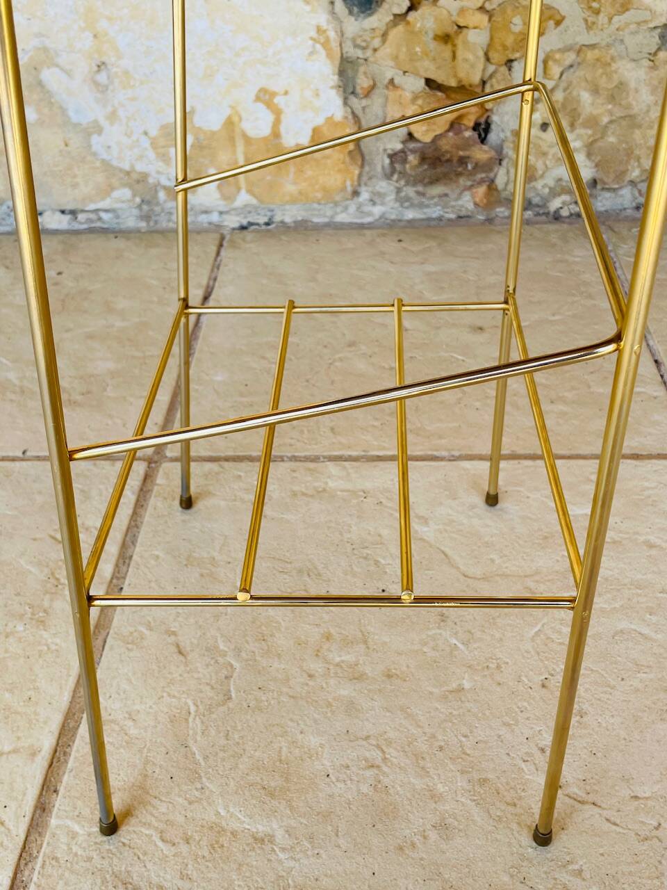 Vintage side table, 2 wooden and brass shelves, circa 1960s
