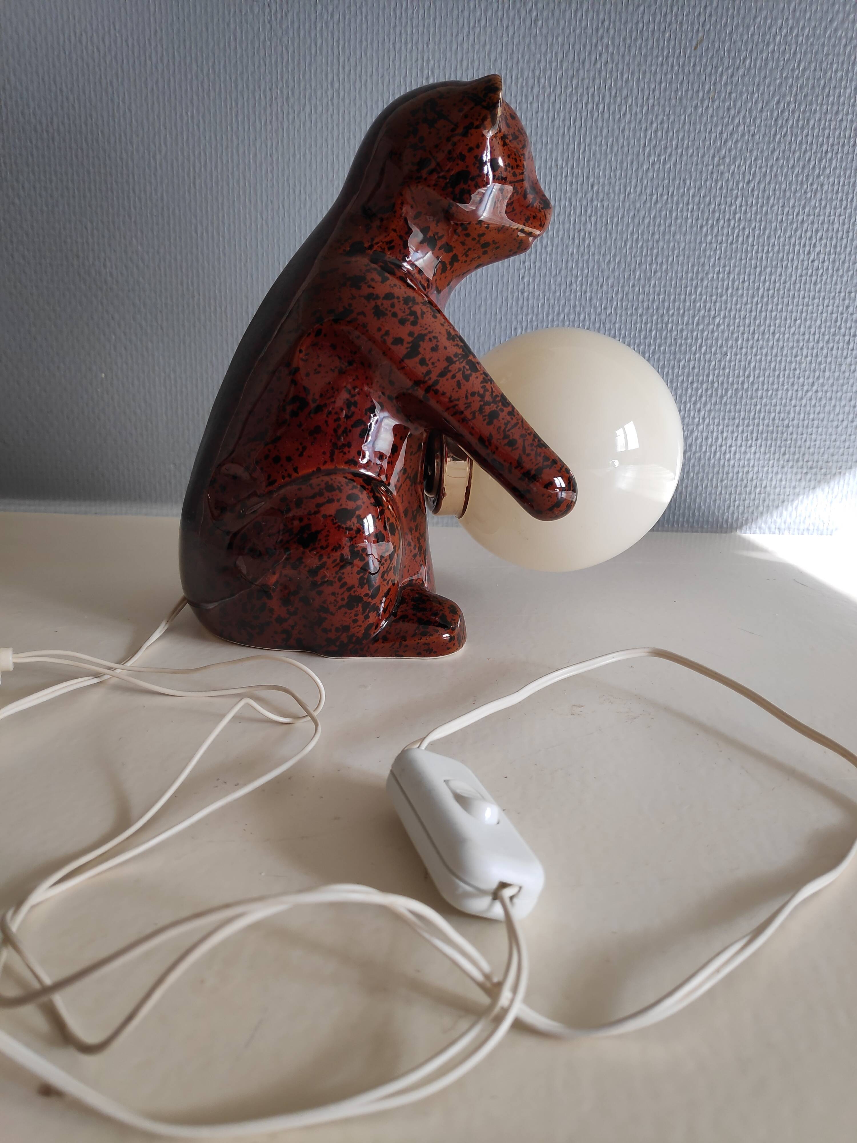 vintage bear lamp in brown ceramic and white opaline globe
